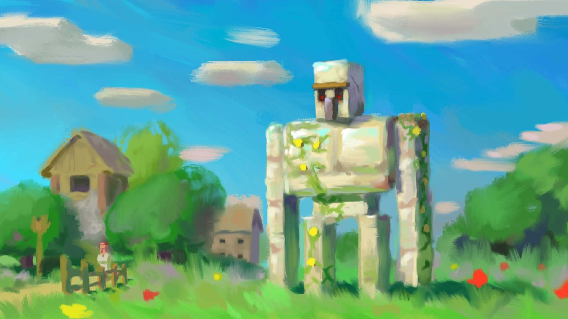 Minecraft Iron Golem 桌布 壁紙 — 一個巨大的石頭機械人站在充滿活力的綠色田野中，田野裡有小房子和野花，上方是明亮的藍天。
