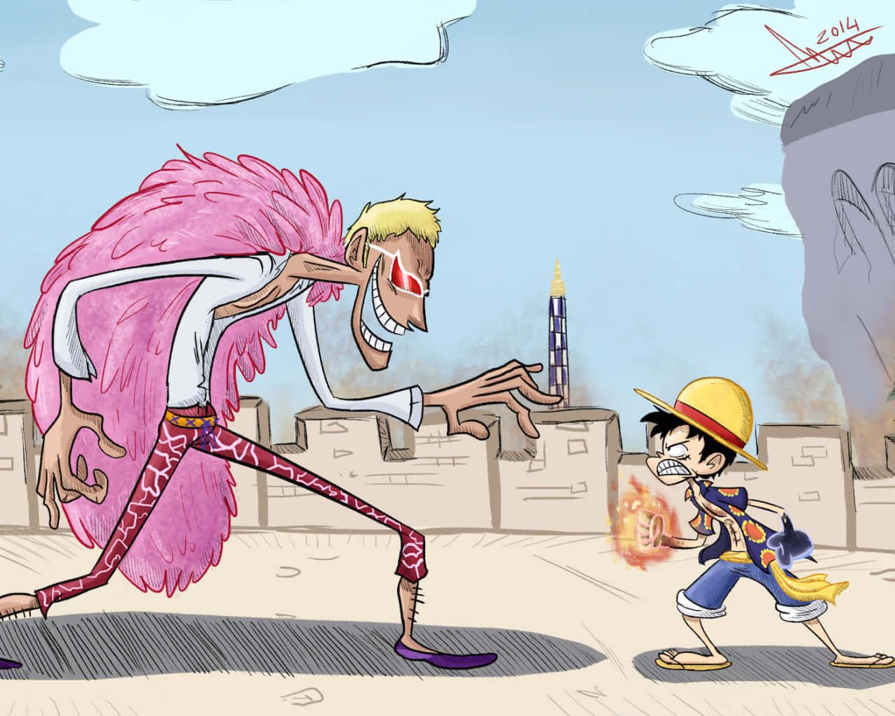 Donquixote Family 桌布 壁紙 — 一個巨大的粉紅色羽毛動畫反派在沙漠堡壘場景中撲向一個火紅頭髮的小男孩。
