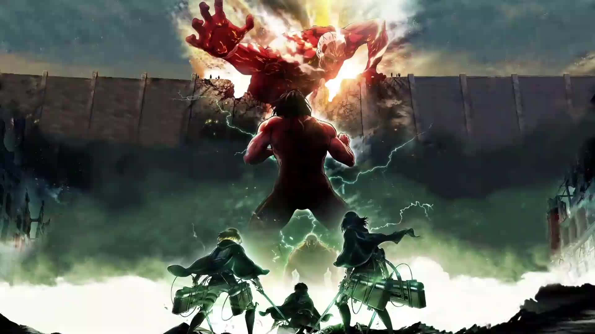 Attack On Titan Video Game 桌布 壁紙 — 一個巨大的紅色巨人粉碎石牆，三名身穿盔甲的士兵在戲劇性的動畫戰鬥場景中衝鋒向前。