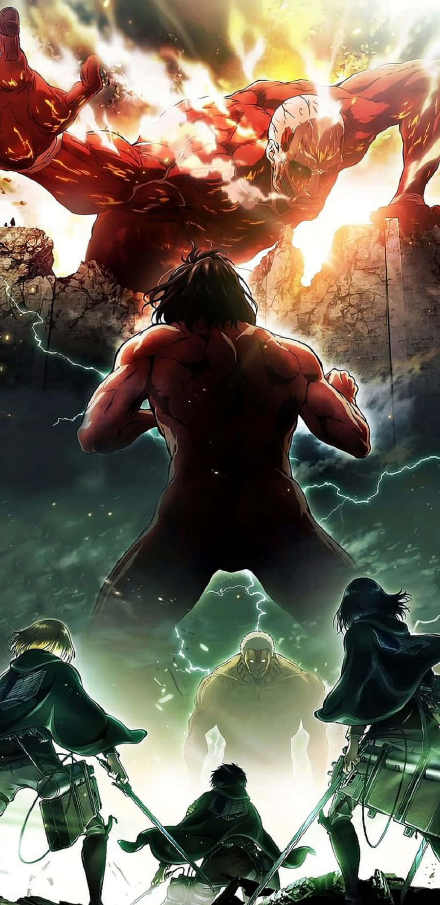 Titan Shifters 桌布 壁紙 — 一個巨大的紅色泰坦在身穿盔甲的士兵們上方咆哮，閃電在他們周圍劈啪作響，構成一個戲劇性的動漫戰鬥場景。