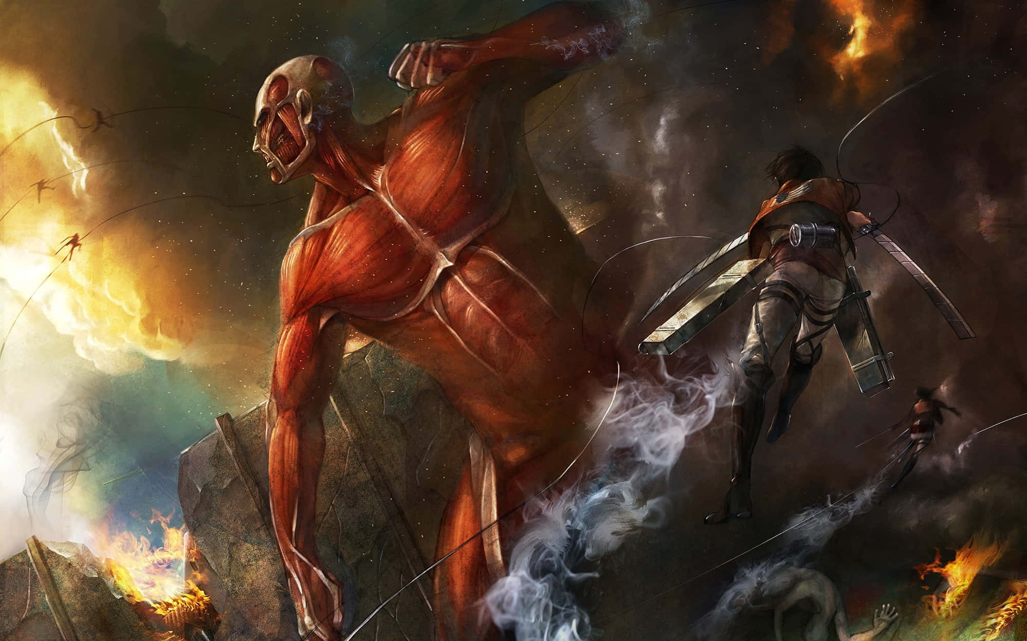 Attack On Titan Season 2 桌布 壁紙 — 一個巨大的紅色皮膚泰坦咆哮著，一名裝備齊全的戰士在熾熱的爆炸和煙霧中向它躍去。