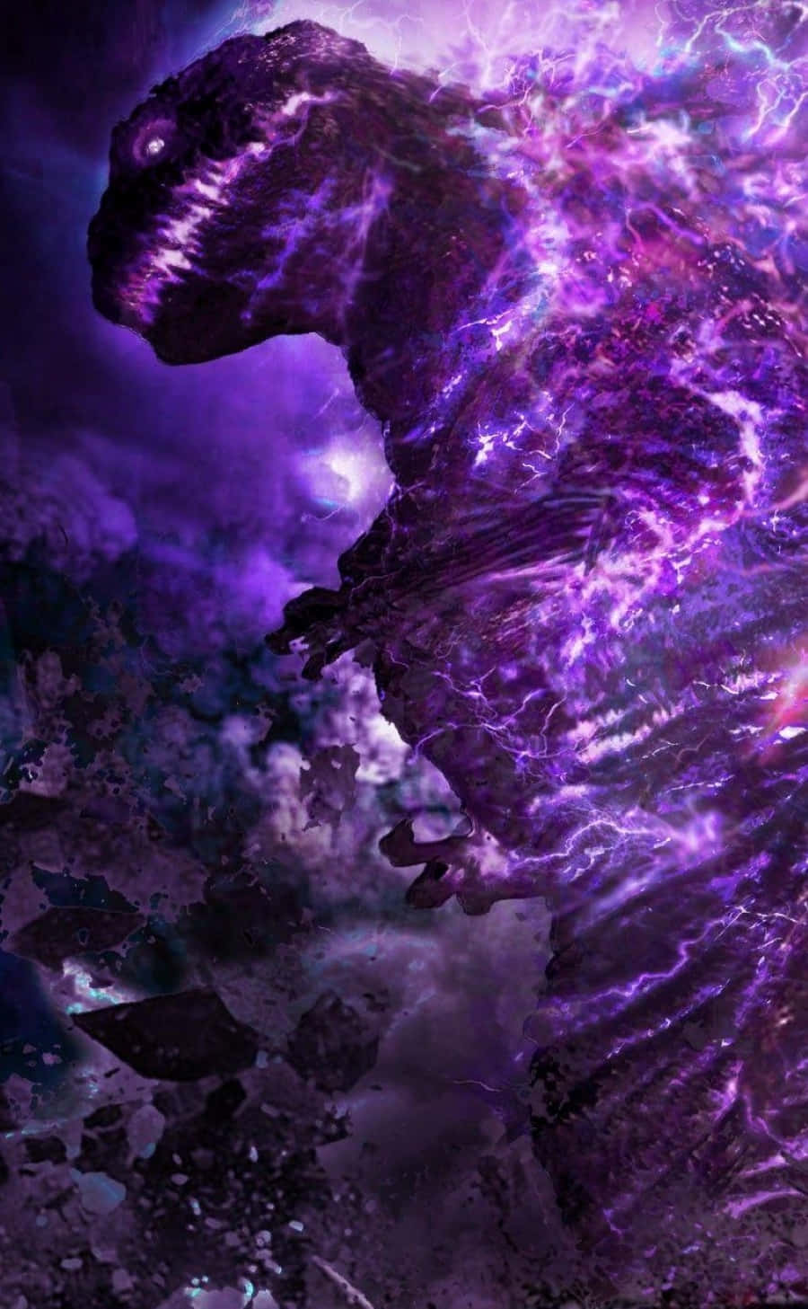 Godzilla Earth 桌布 壁紙 — 一個巨大的紫色能量怪物，伴隨著噼啪作響的閃電，在紫色和藍色星雲的宇宙風暴中咆哮。