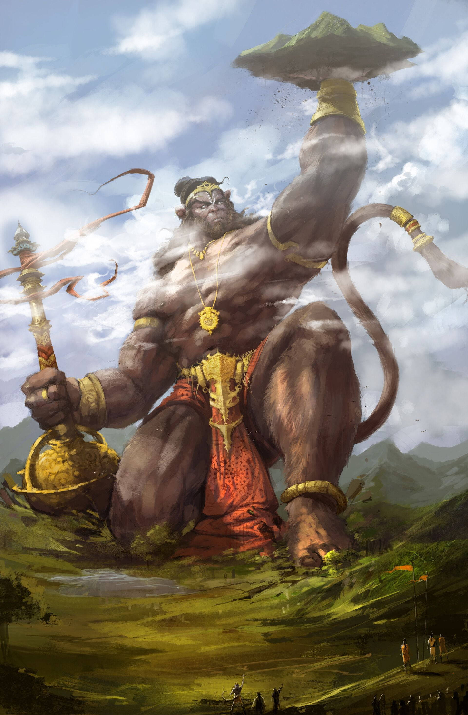 god full HD 桌布 壁紙 — 一個巨大的肌肉猴神，頭上頂著一座山，手持金色權杖，坐在綠色山丘上，俯瞰下方的小信徒們。