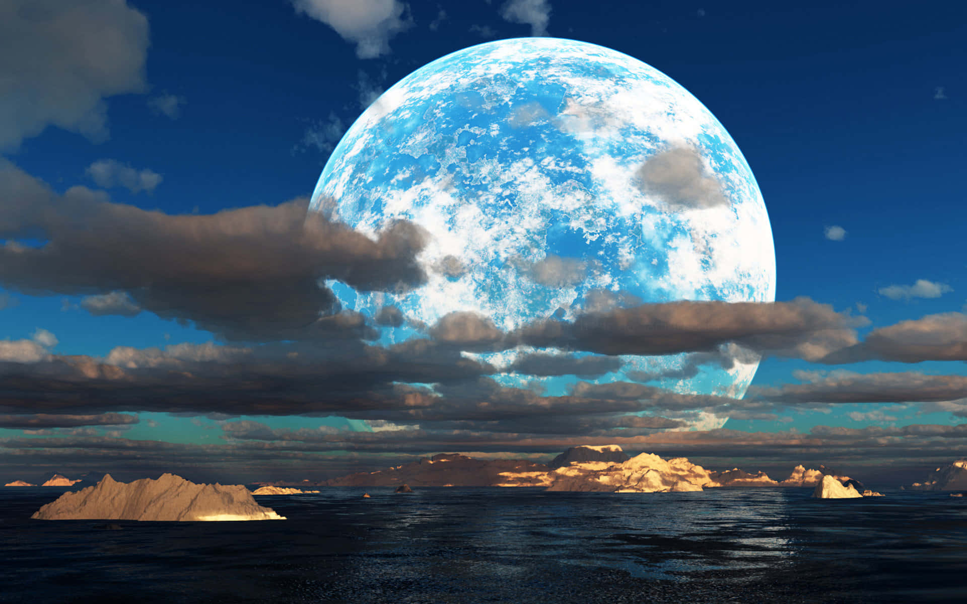 Beautiful Moon 桌布 壁紙 — 一個巨大的藍色行星，帶有旋轉的雲層，在戲劇性的天空下，籠罩在點綴著積雪冰山的黑暗海洋之上。