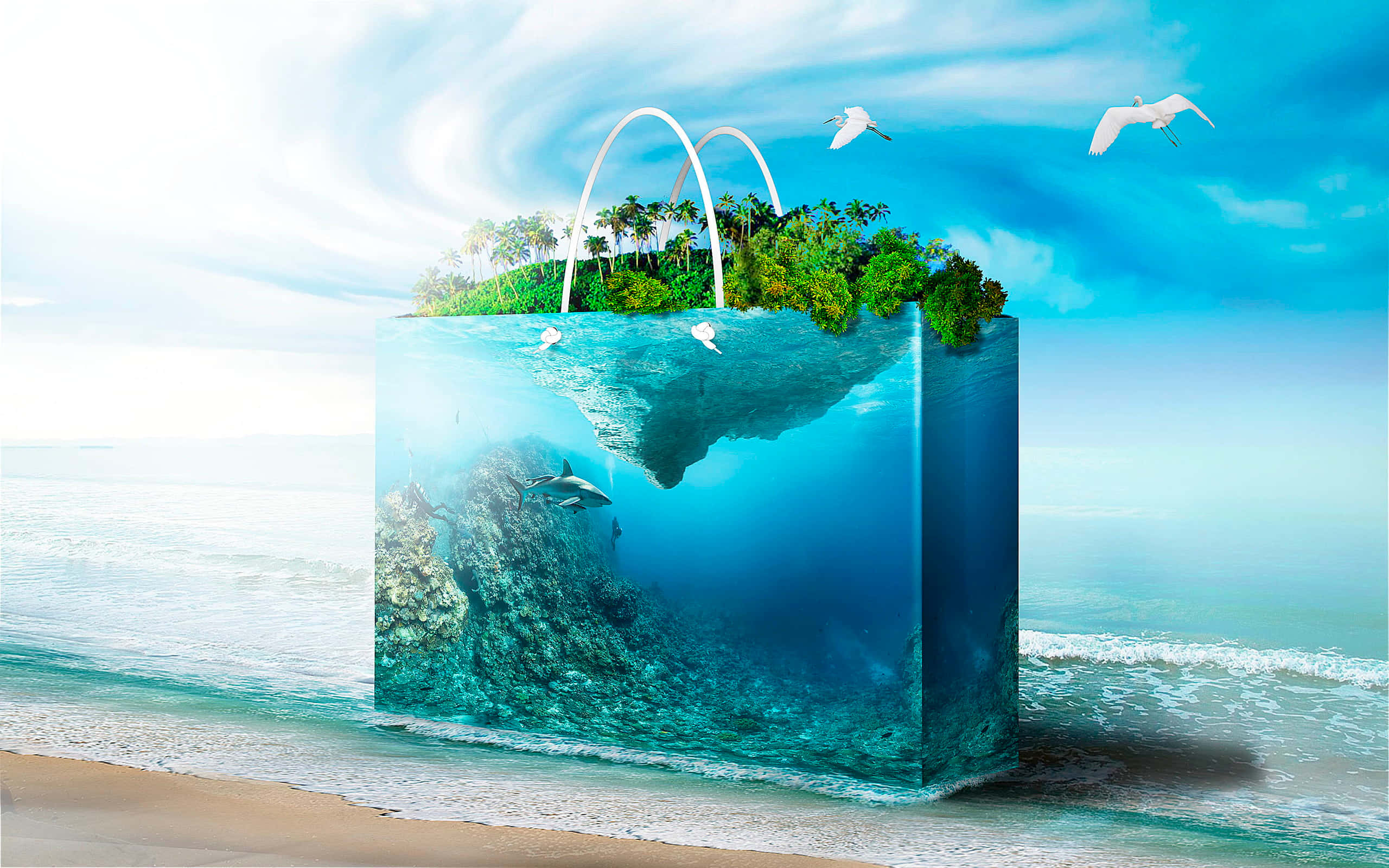 Beach Bag 桌布 壁紙 — 一個巨大的透明購物袋漂浮在沙灘上，露出下方充滿活力的珊瑚礁和鯊魚，而茂密的熱帶島嶼覆蓋其上，鳥兒在頭頂飛翔。