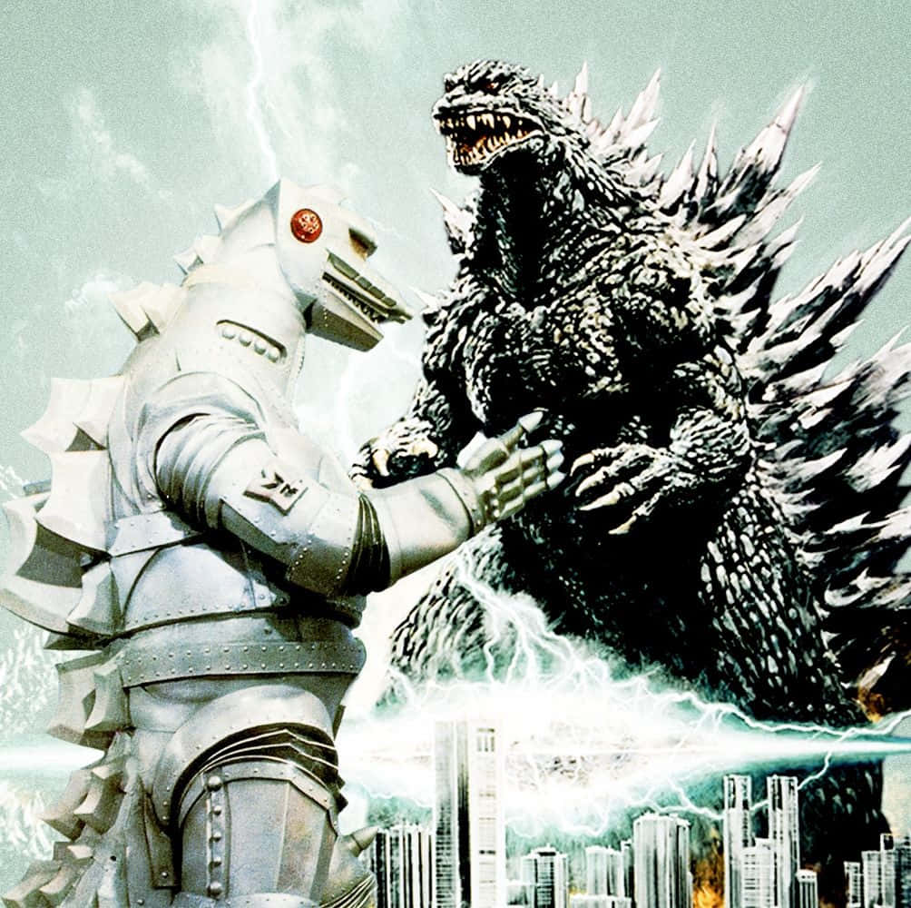 Godzilla Vs Mechagodzilla 桌布 壁紙 — 一個巨大的金屬機械人在雷暴中於城市天際線上面對咆哮的哥斯拉。