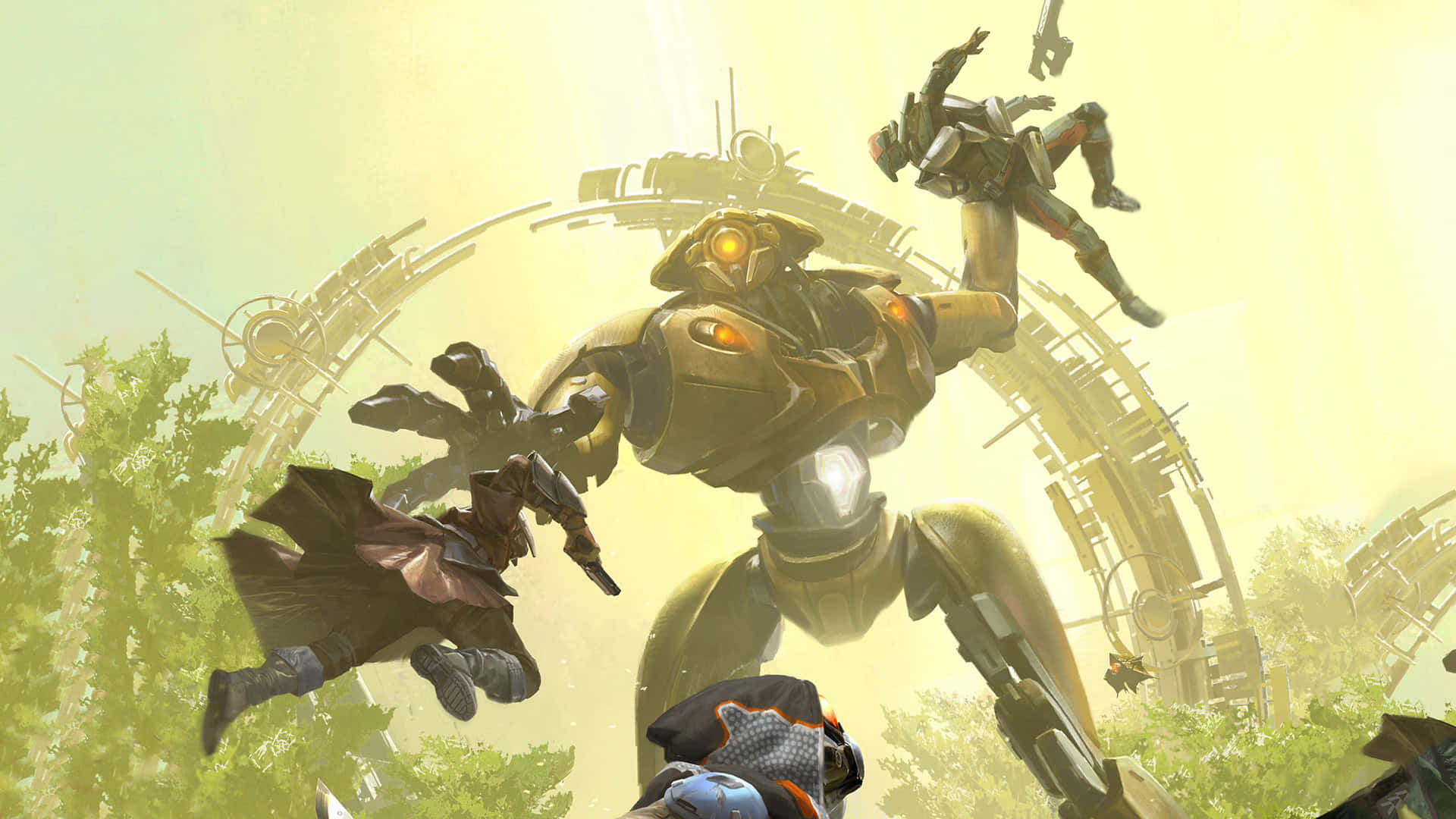 Destiny Characters 桌布 壁紙 — 一個巨大的金色機械人在陽光明媚的森林中，在發光的未來建築結構中與敏捷的人類戰士戰鬥。