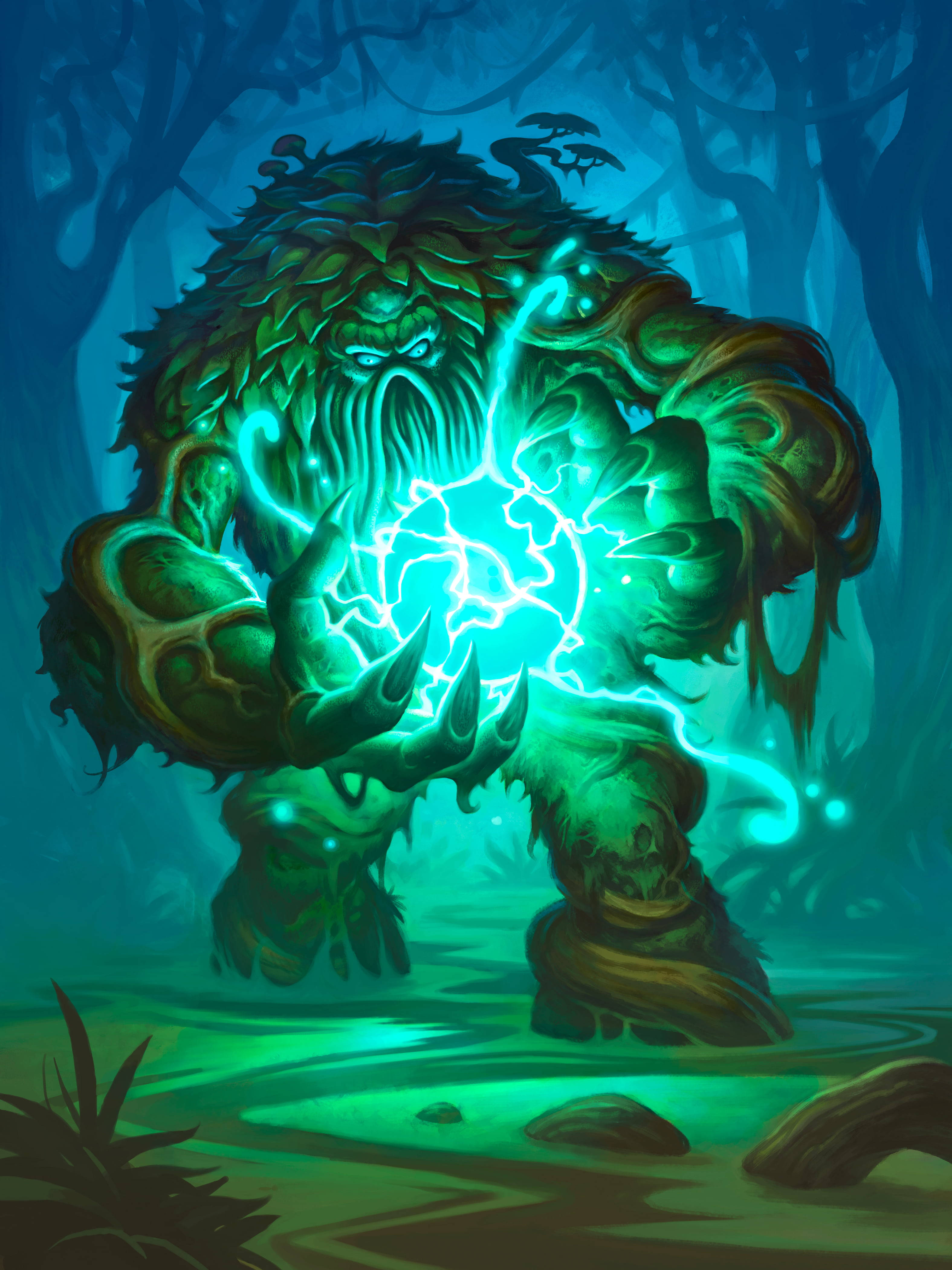 hearthstone phone 桌布 壁紙 — 一個巨大的長滿青苔的巨魔，在黑暗的魔法森林中，雙手之間閃爍著發光的綠色閃電。