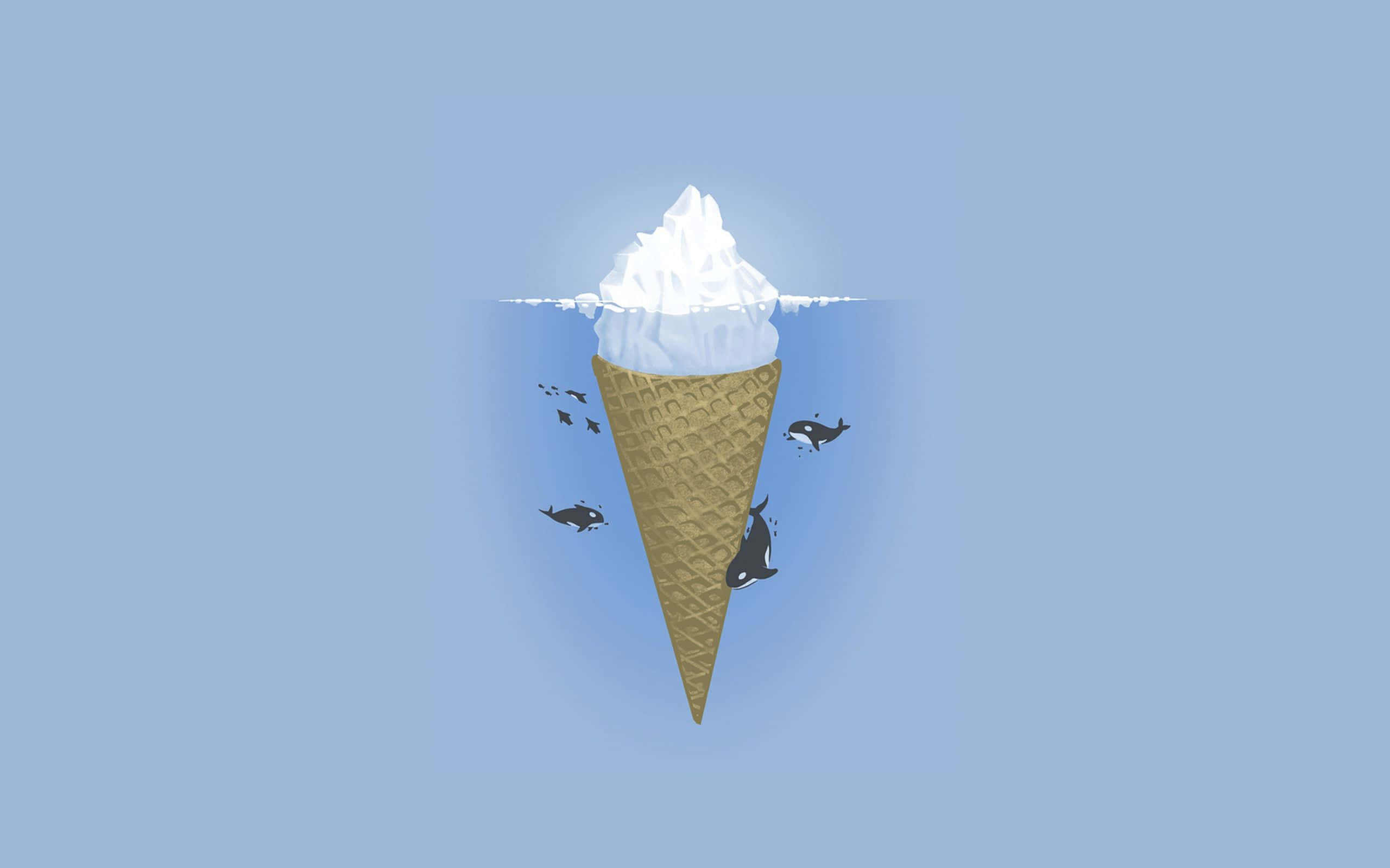 Minimalist Ocean 桌布 壁紙 — 一個巨大的雪糕筒漂浮在平靜的藍色水面上，虎鯨在它的底部周圍游動。