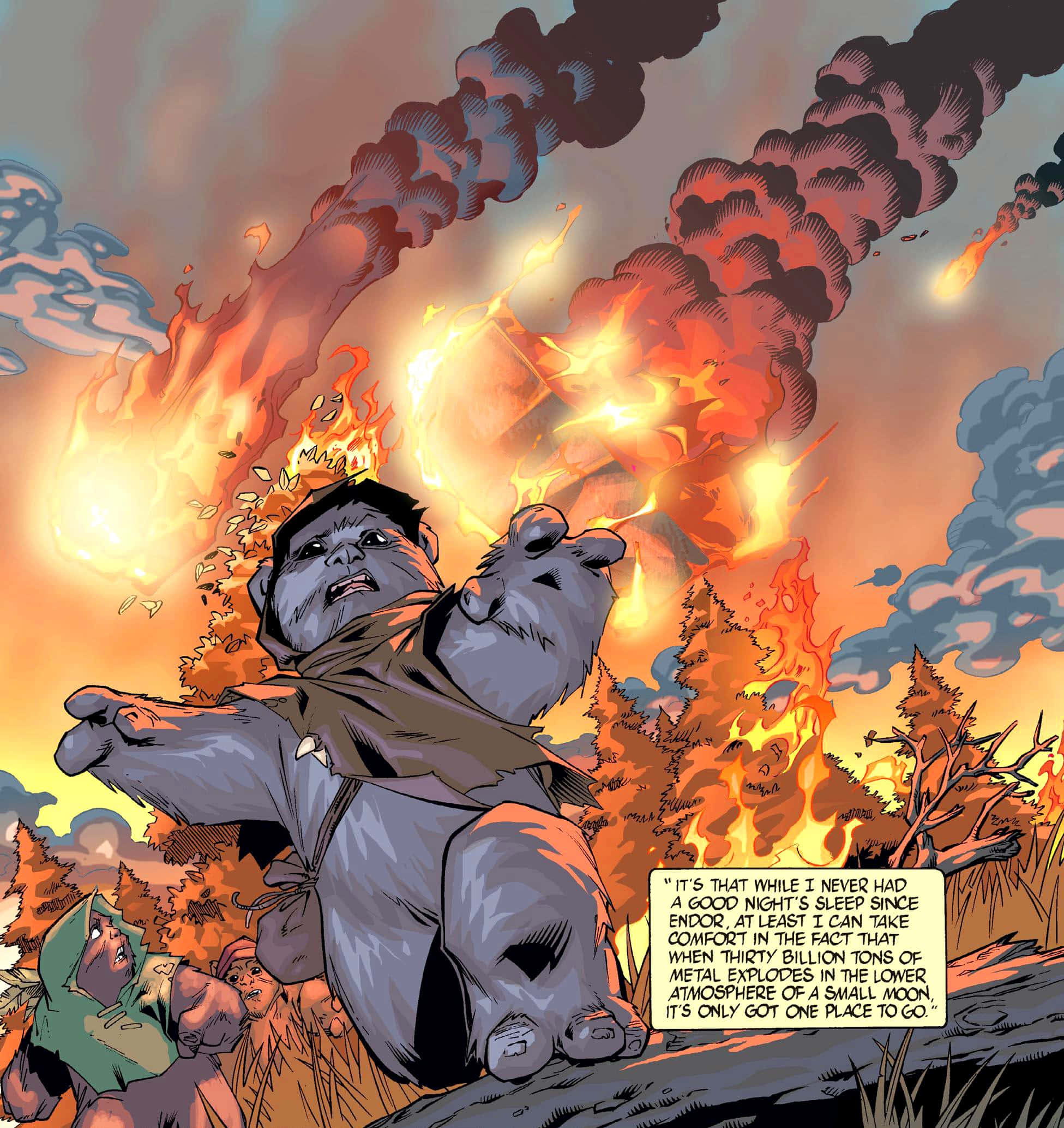 The Battle Of Endor 桌布 壁紙 — 一個巨大的類人猿生物站在熾熱的爆炸中，身後煙霧和火焰翻騰。