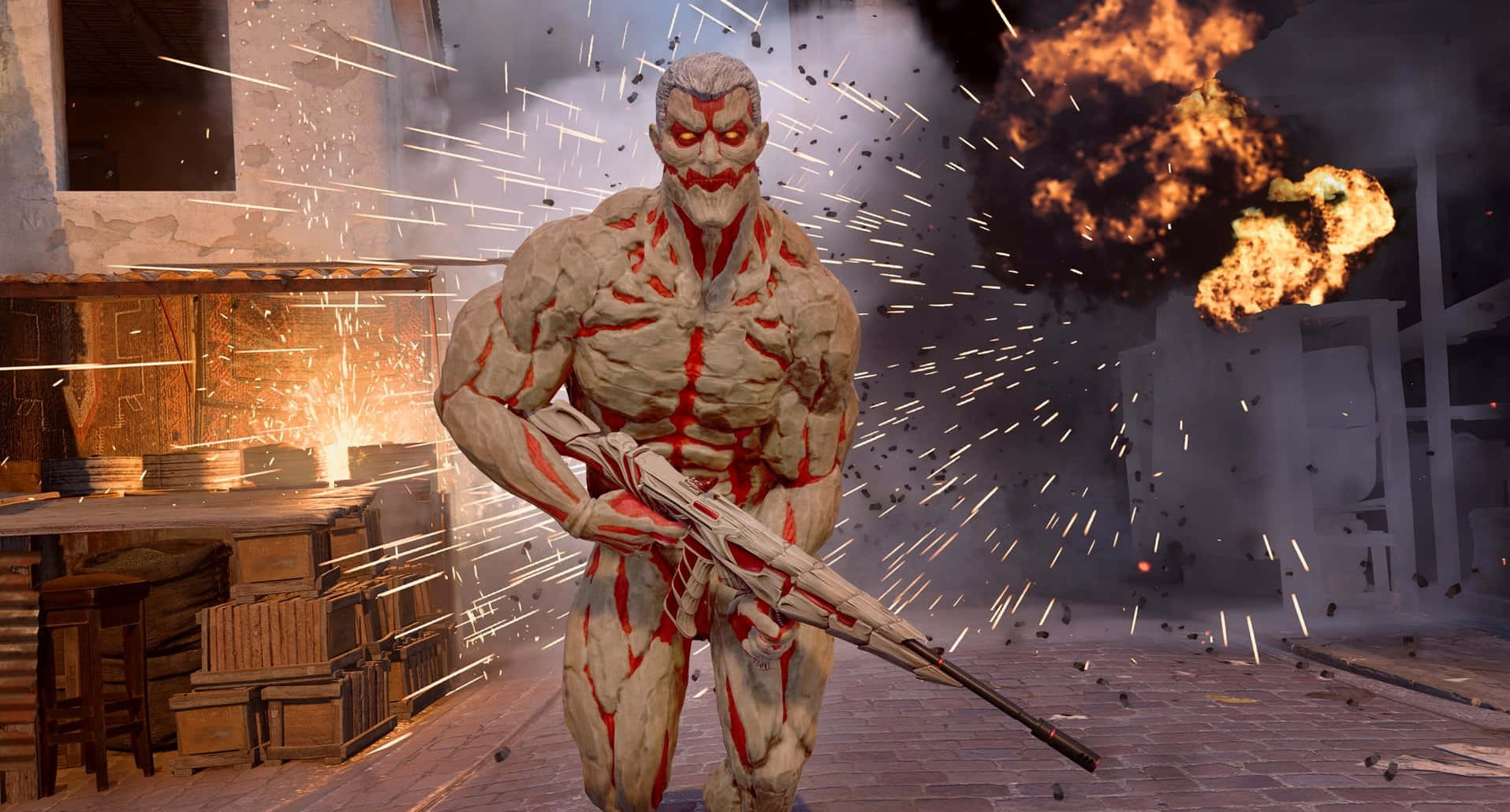 Attack On Titan Video Game 桌布 壁紙 — 一個巨大的類人生物，暴露著紅色肌肉組織，在燃燒的爆炸和飛揚的碎片中揮舞步槍，身處廢墟般的城市環境。