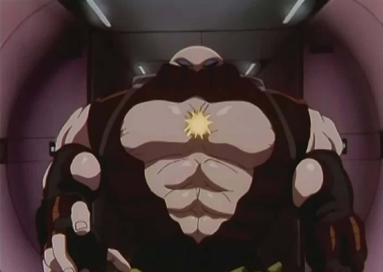 Trigun Gray The Ninelives 桌布 壁紙 — 一個巨大肌肉發達的動漫角色，胸前有一顆發光的黃色星星，站在未來風格的隧道中。