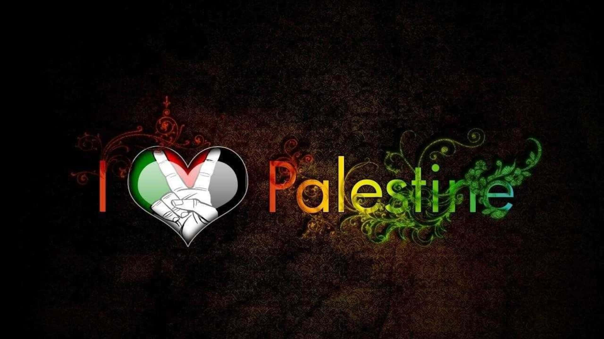 Palestine 桌布 壁紙 — 一個巴勒斯坦國旗形狀的心形，內有緊握的雙手，周圍環繞著色彩繽紛的花卉漩渦，背景為深色紋理。
