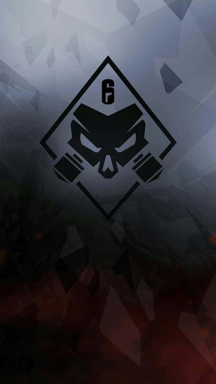 Rainbow Six Siege Thatcher 桌布 壁紙 — 一個帶有 'G' 字的黑色骷髏標誌，位於菱形內，背景為深色幾何圖案，帶有紅色和灰色色調。
