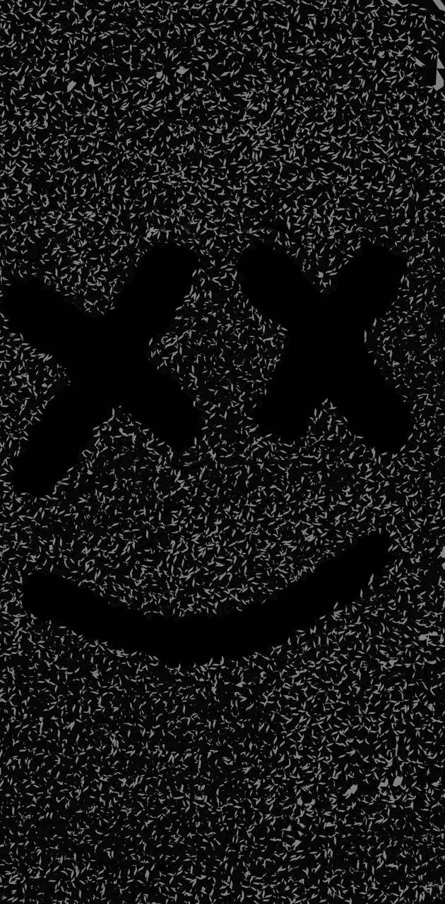 marshmello iPhone 桌布 壁紙 — 一個帶有 X 眼睛的故障黑色笑臉從嘈雜的靜態背景中浮現。