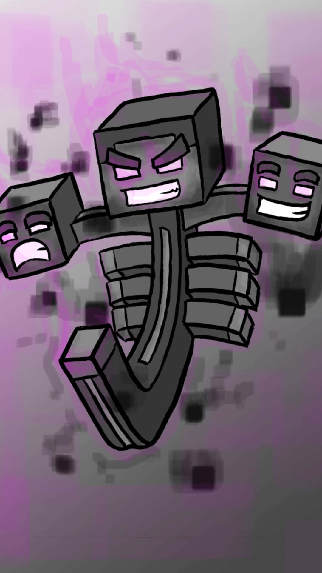 Minecraft Wither 桌布 壁紙 — 一個帶有三個頭顱的駭人方塊骷髏在紫色像素背景上漂浮。