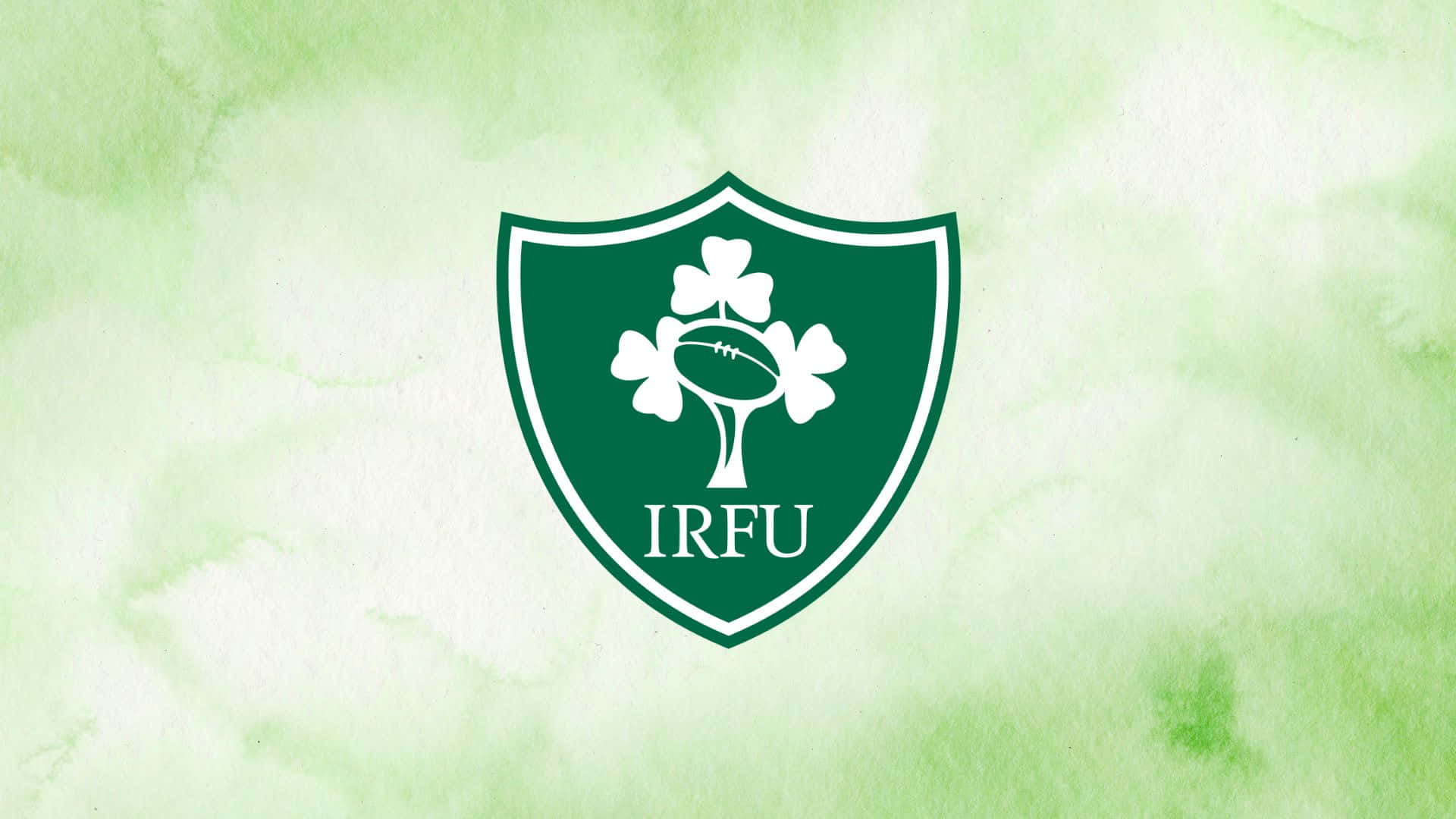 Ireland Rugby 桌布 壁紙 — 一個帶有三葉草和欖球的綠色盾牌標誌，居中放在水彩綠色背景上。