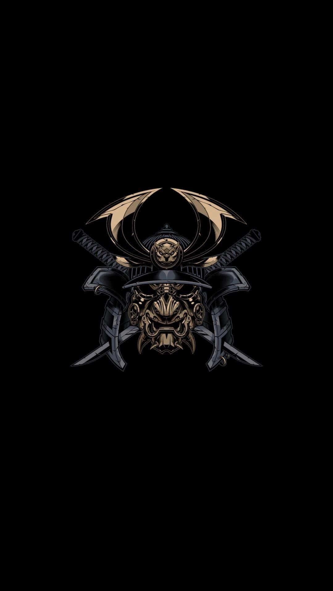 Samurai Helmet 桌布 壁紙 — 一個帶有交叉劍和金色龍翼的威嚇性武士頭盔，背景為黑色。