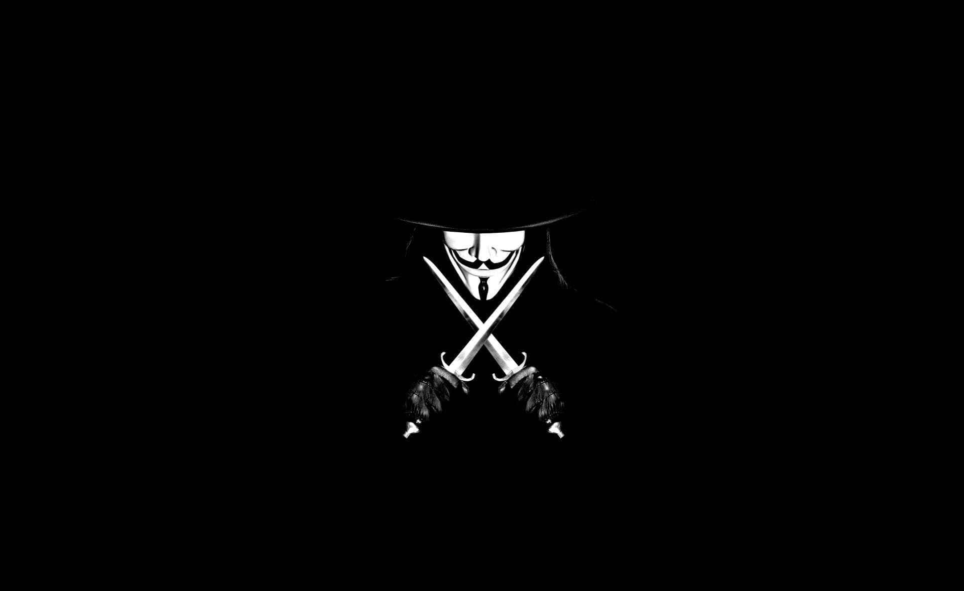Anonymous 桌布 壁紙 — 一個帶有交叉劍的白色蓋伊·福克斯面具在純黑色背景上發光。