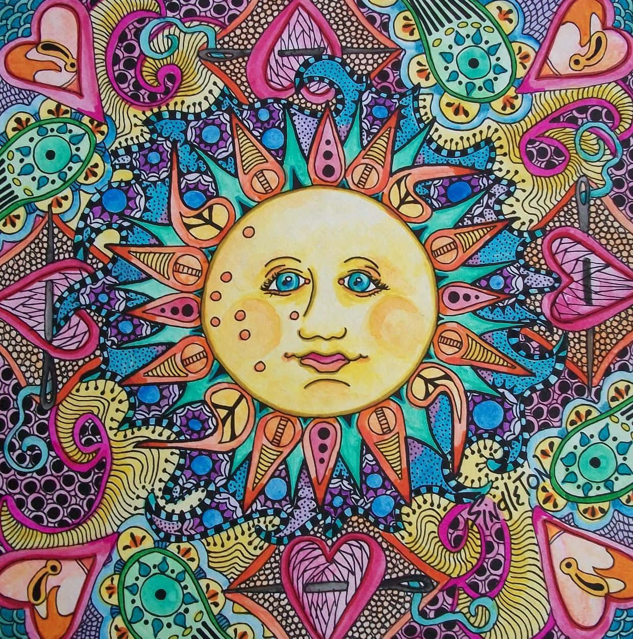 嬉皮士 桌布 壁紙 — 一個帶有人類面孔的充滿活力的迷幻太陽，從由心形和複雜塗鴉組成的萬花筒圖案中散發出來，色彩鮮豔。
