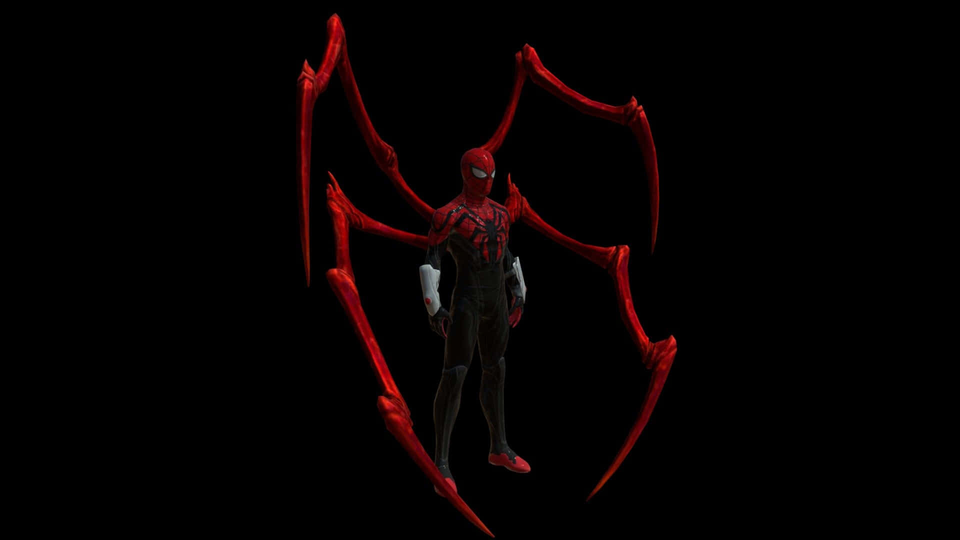 Superior Spider-man 桌布 壁紙 — 一個帶有伸長爪狀四肢的威脅性紅黑蜘蛛俠，站在純黑色背景前。