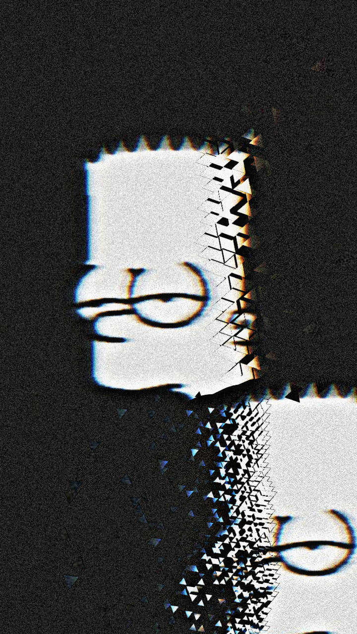 Sad Simpsons 桌布 壁紙 — 一個帶有像素化扭曲和鋸齒邊緣的故障巴特·辛普森頭部，背景為深色。