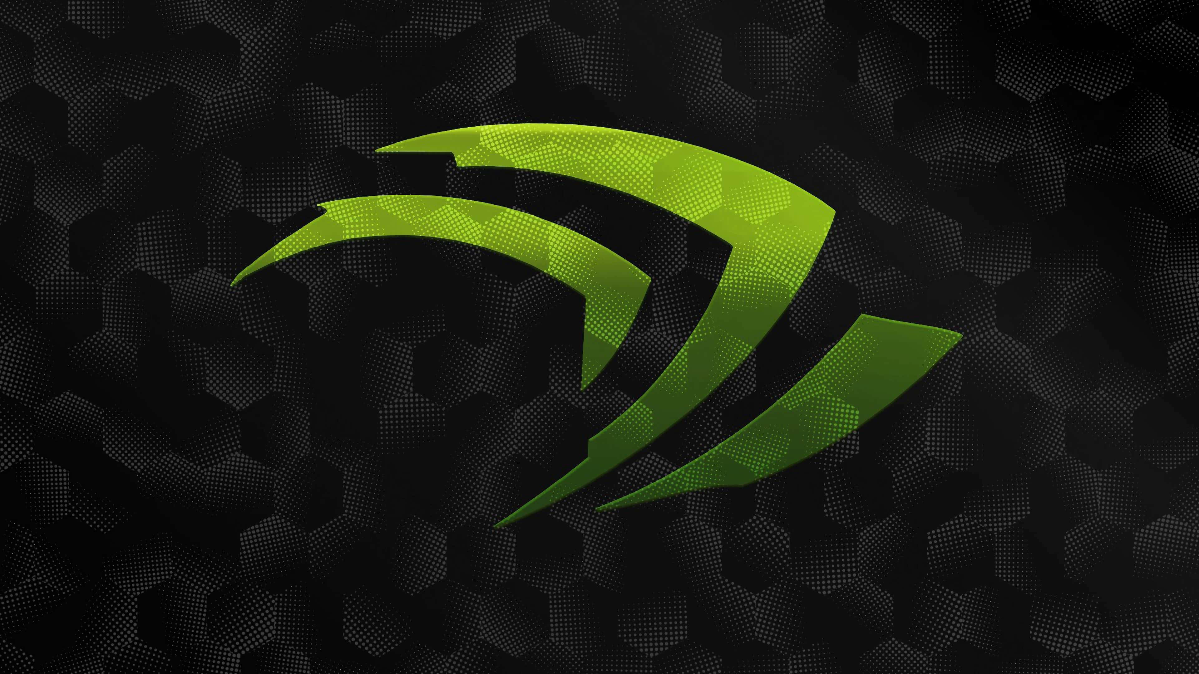 NVIDIA 4K UHD 3D 壁紙 — 一個帶有像素漸變的鮮綠色NVIDIA標誌在深色六邊形圖案背景上發光。