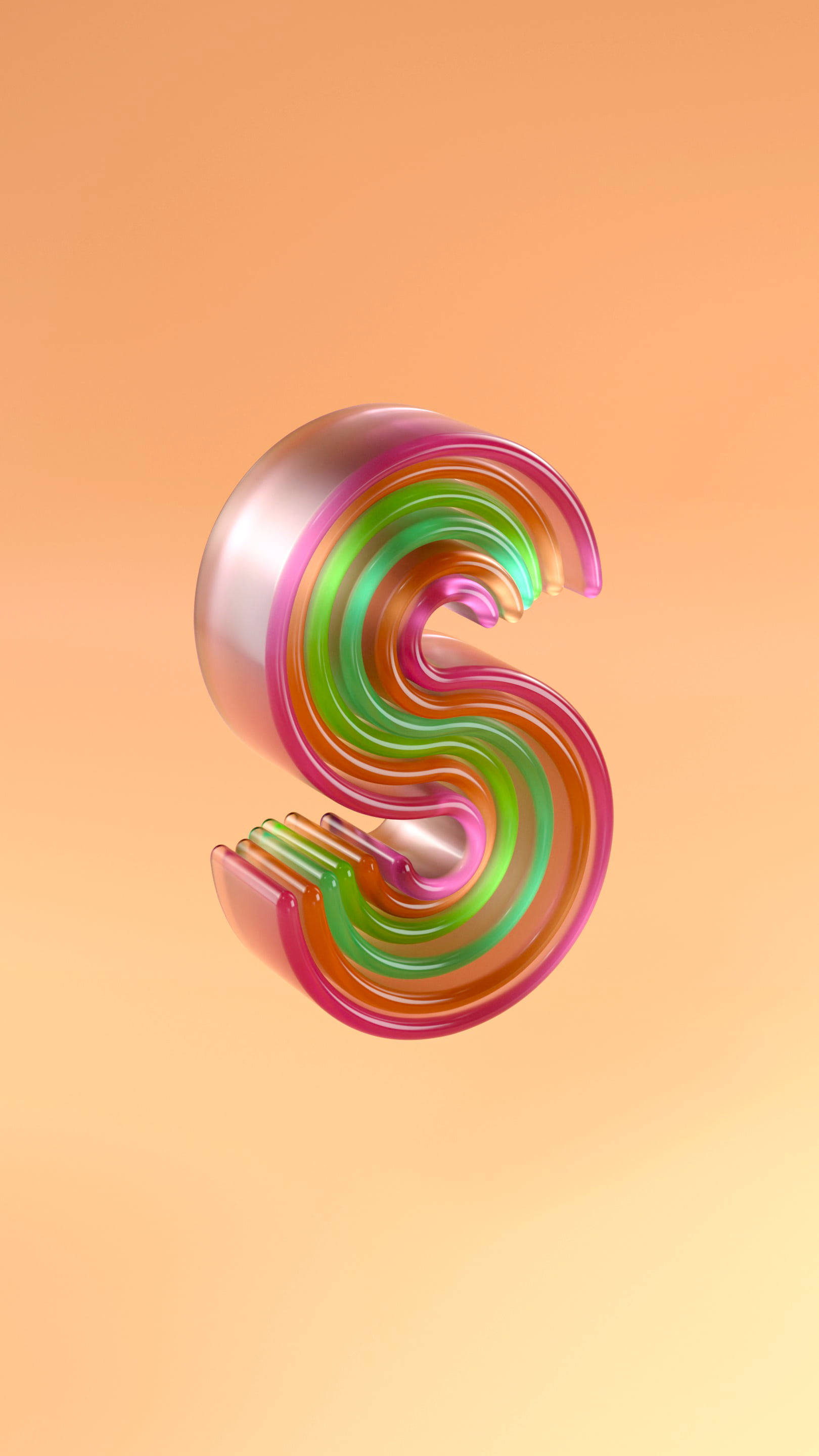S 桌布 壁紙 — 一個帶有光澤的3D字母S，在柔和的蜜桃漸變背景上，以充滿活力的霓虹色彩旋轉。