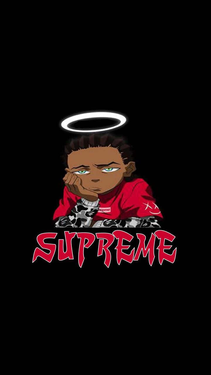 Supreme Boondocks Bape 壁紙 — 一個帶有光環和疲倦眼睛的卡通男孩，在黑色背景前穿著紅色Supreme連帽衫。