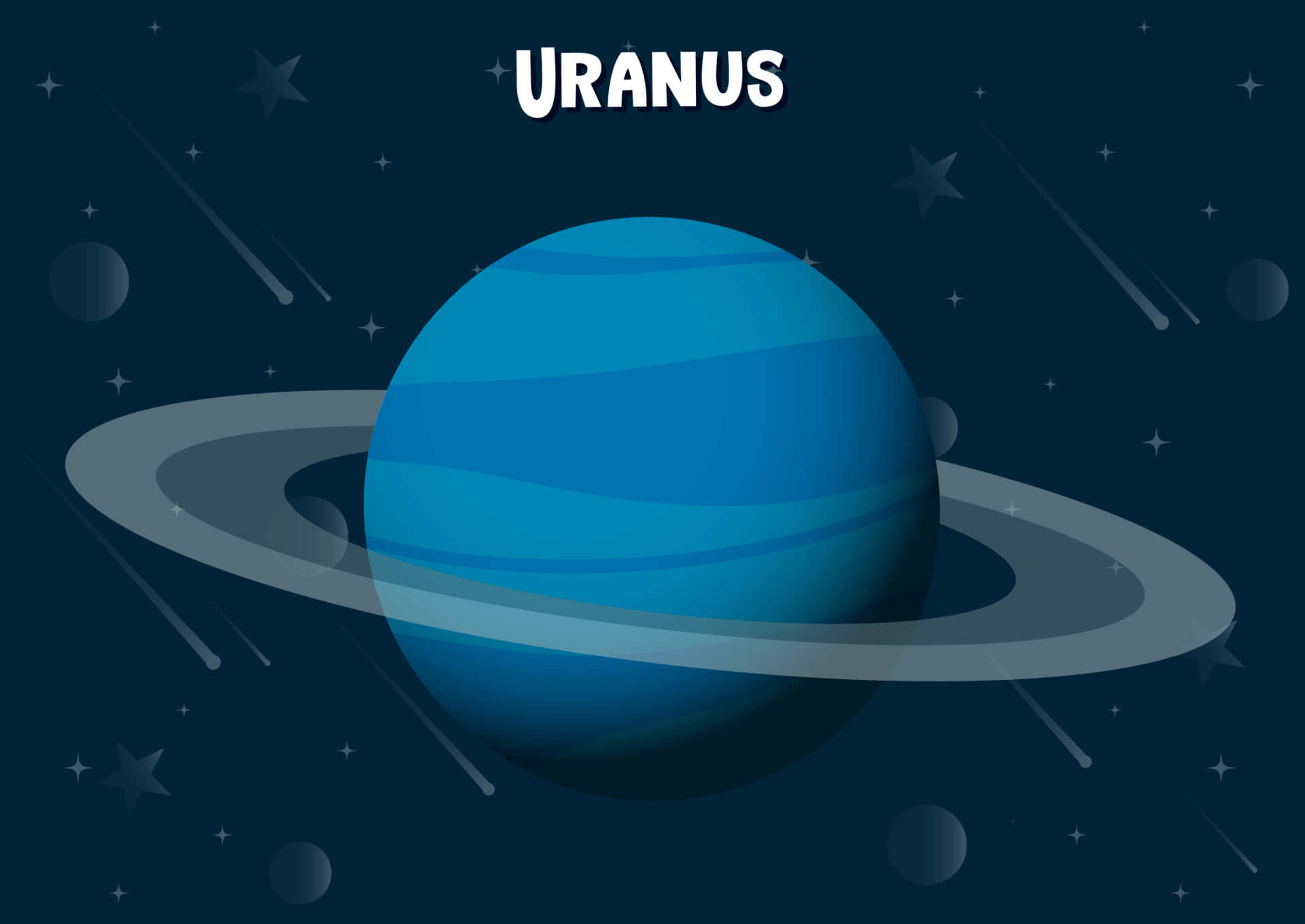 Uranus 桌布 壁紙 — 一個帶有光環的風格化藍色行星天王星，在流星劃過的星空宇宙背景下閃耀。