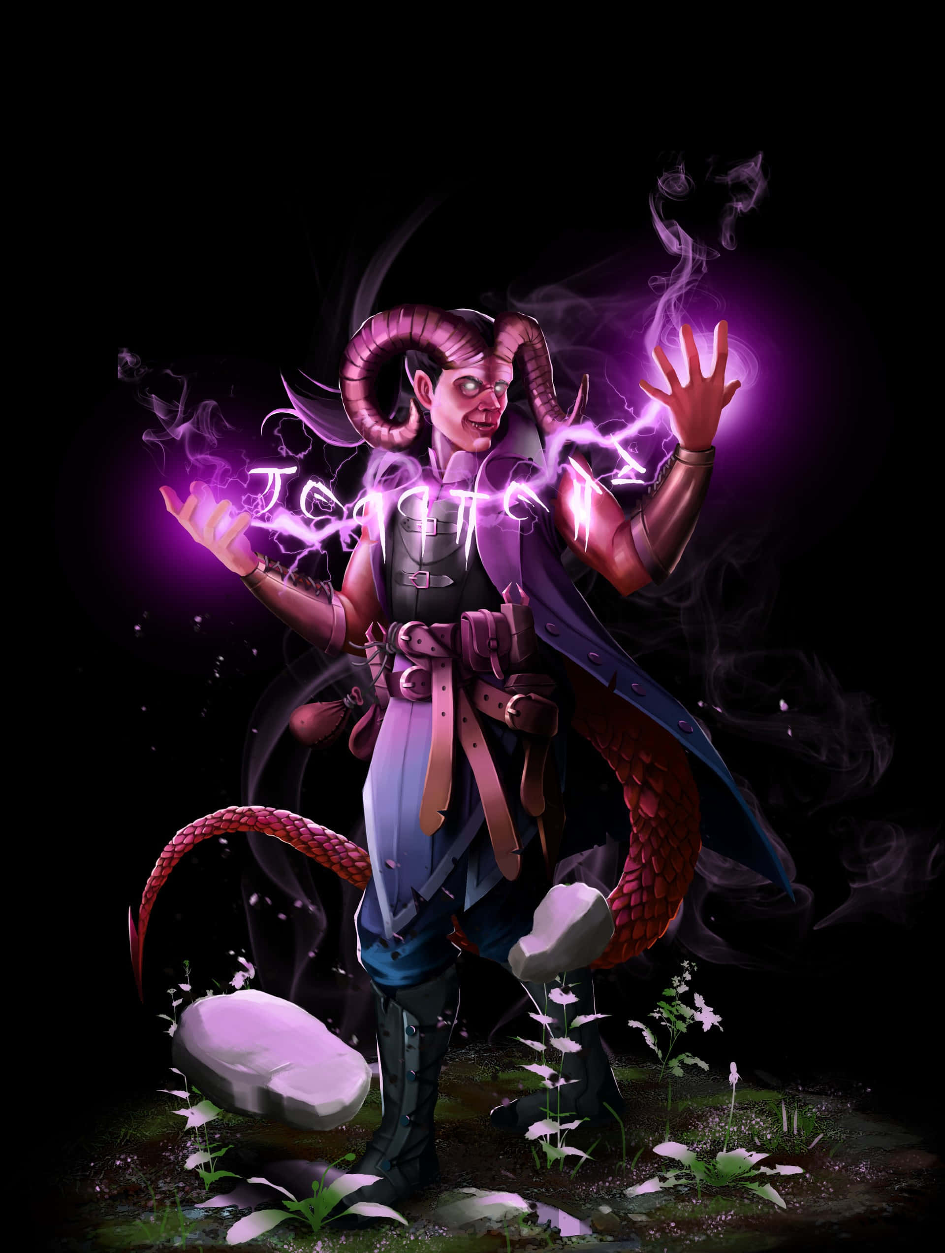 Magic Spell 桌布 壁紙 — 一個帶有公羊角和尾巴的惡魔般的人物，在旋轉的煙霧和發光的花朵中，在伸出的雙手之間引導紫色閃電。