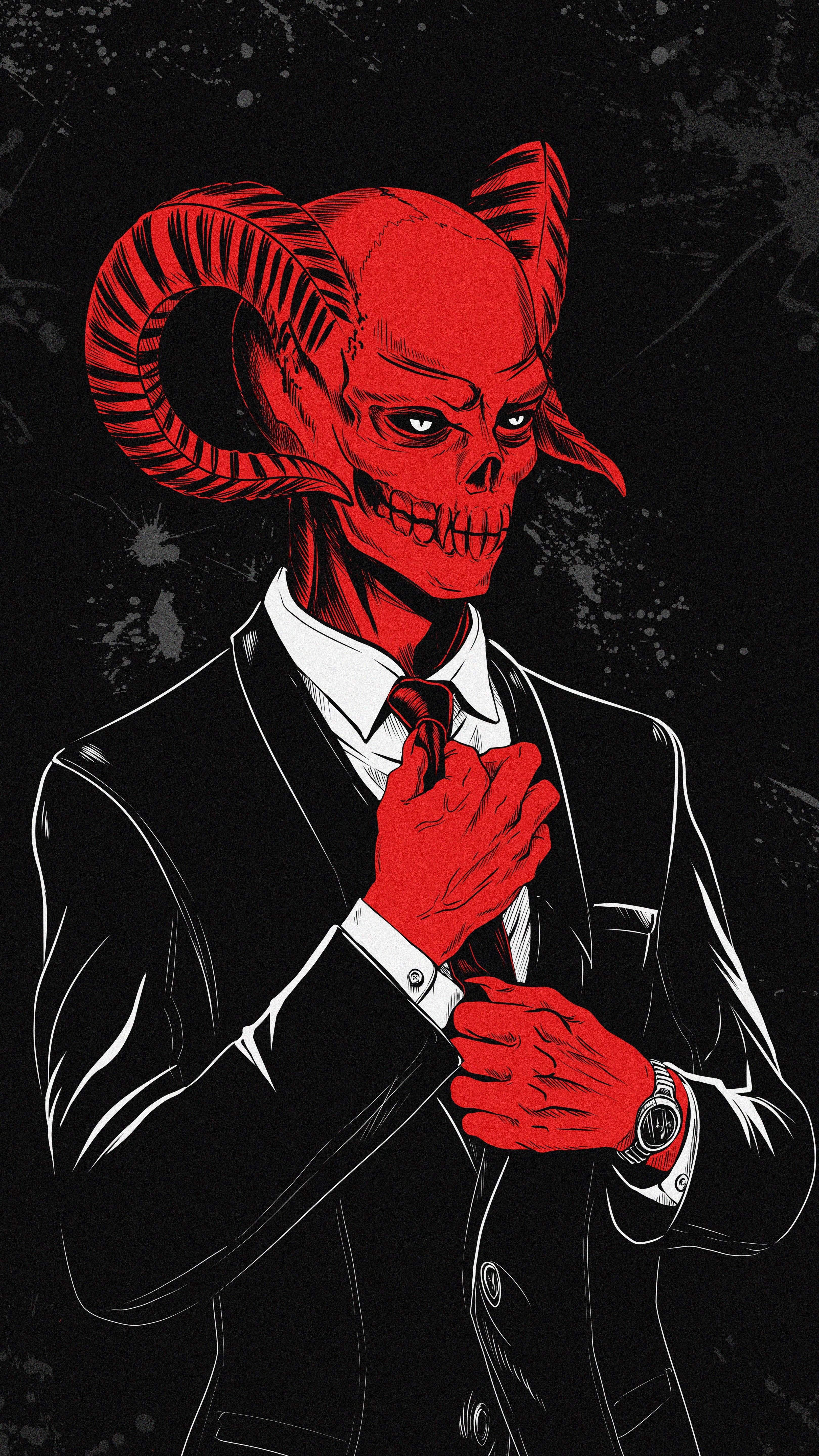 惡魔 桌布 壁紙 — 一個帶有公羊角的紅色惡魔形象，身穿尖銳黑色西裝，在濺黑的背景下調整領帶。