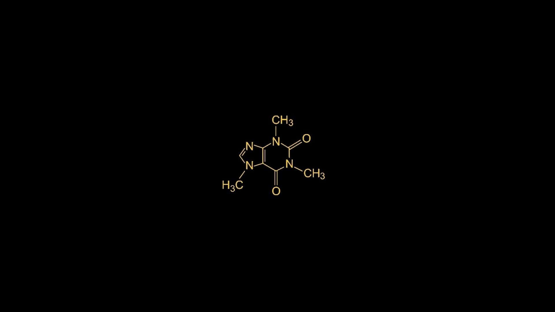 Chemistry 桌布 壁紙 — 一個帶有化學標籤的發光黃色分子結構漂浮在純黑色背景上。