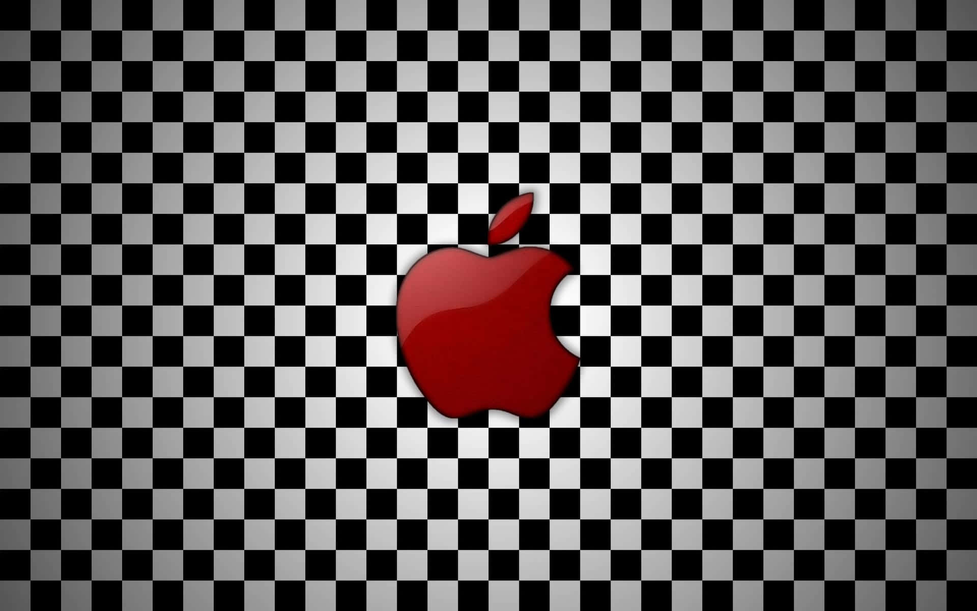 Red Checkered 桌布 壁紙 — 一個帶有咬痕的光澤紅色蘋果標誌，居中放置在黑白棋盤格圖案背景上。