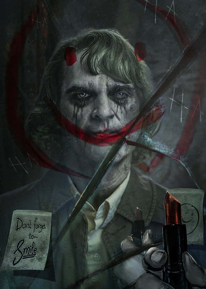 Joker Art 桌布 壁紙 — 一個帶有塗抹化妝和破碎笑容的威脅性小丑，在黑暗塗鴉背景下拿著唇膏和便條。