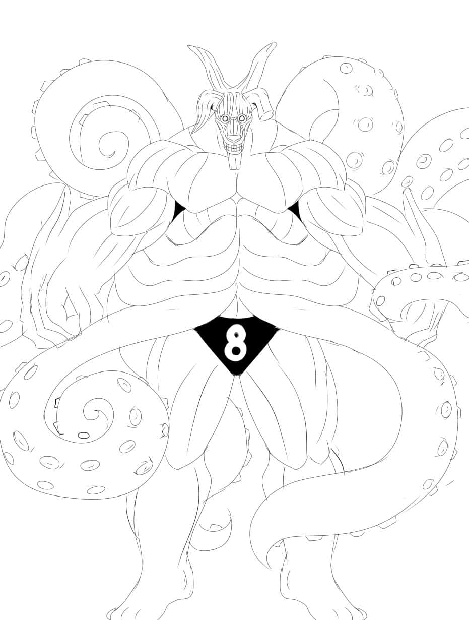 Gyuki 桌布 壁紙 — 一個帶有多條觸手和腰部有數字八符號的威嚇性動漫角色，以大膽的黑白線條藝術風格站立。
