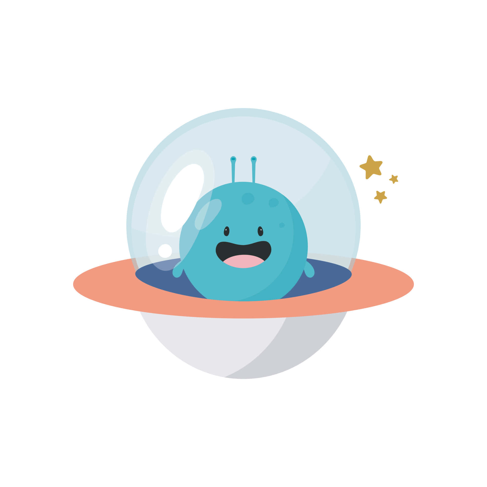Cartoon Alien 桌布 壁紙 — 一個帶有天線的快樂藍色外星人，在透明泡泡頭盔內微笑，漂浮在一個帶有粉紅色環和金色星星的行星上方。