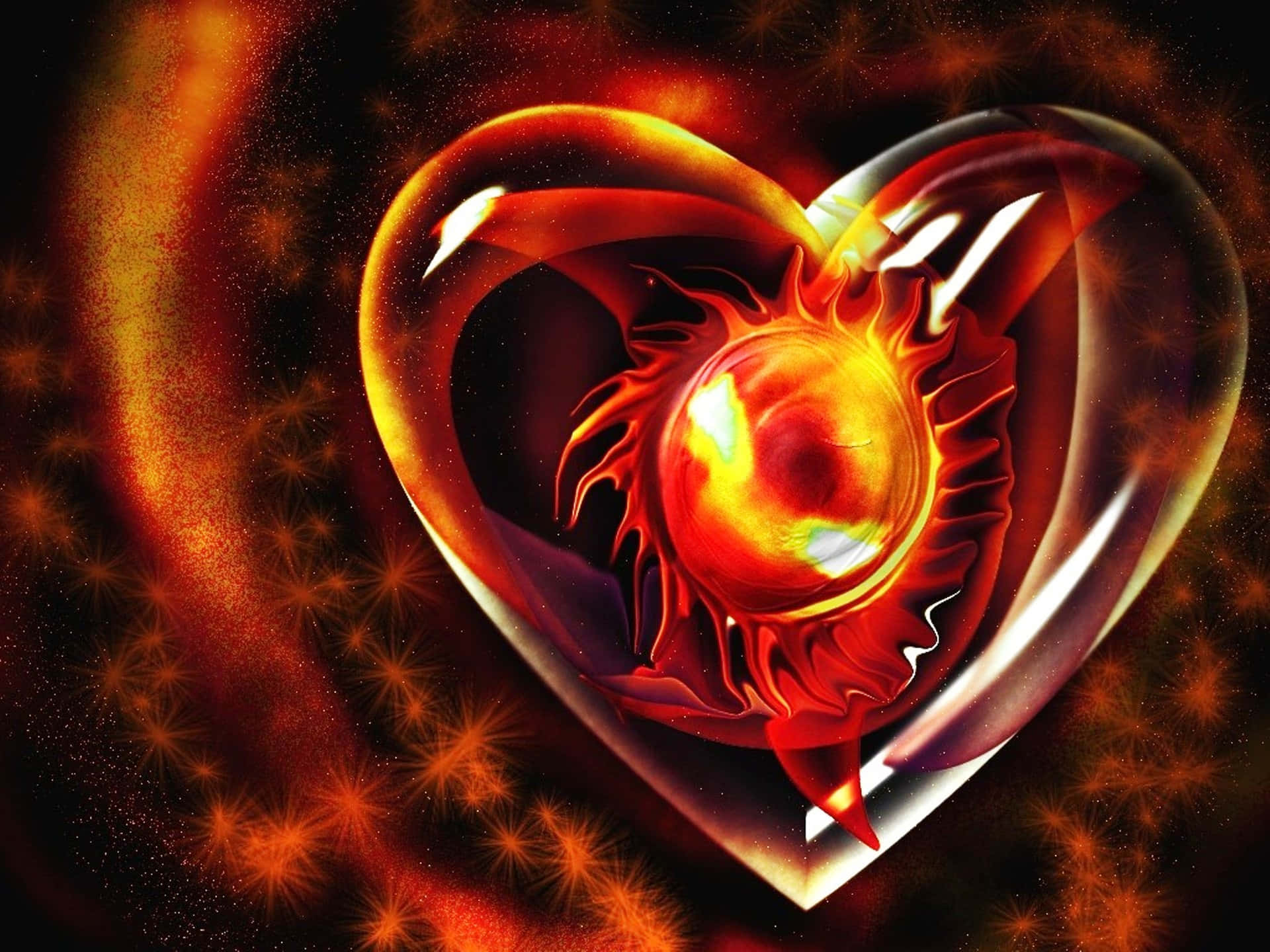 3d Heart 桌布 壁紙 — 一個帶有太陽核心的熾熱發光心臟，在繁星點點的宇宙背景中，以鮮豔的紅色和橙色脈動。