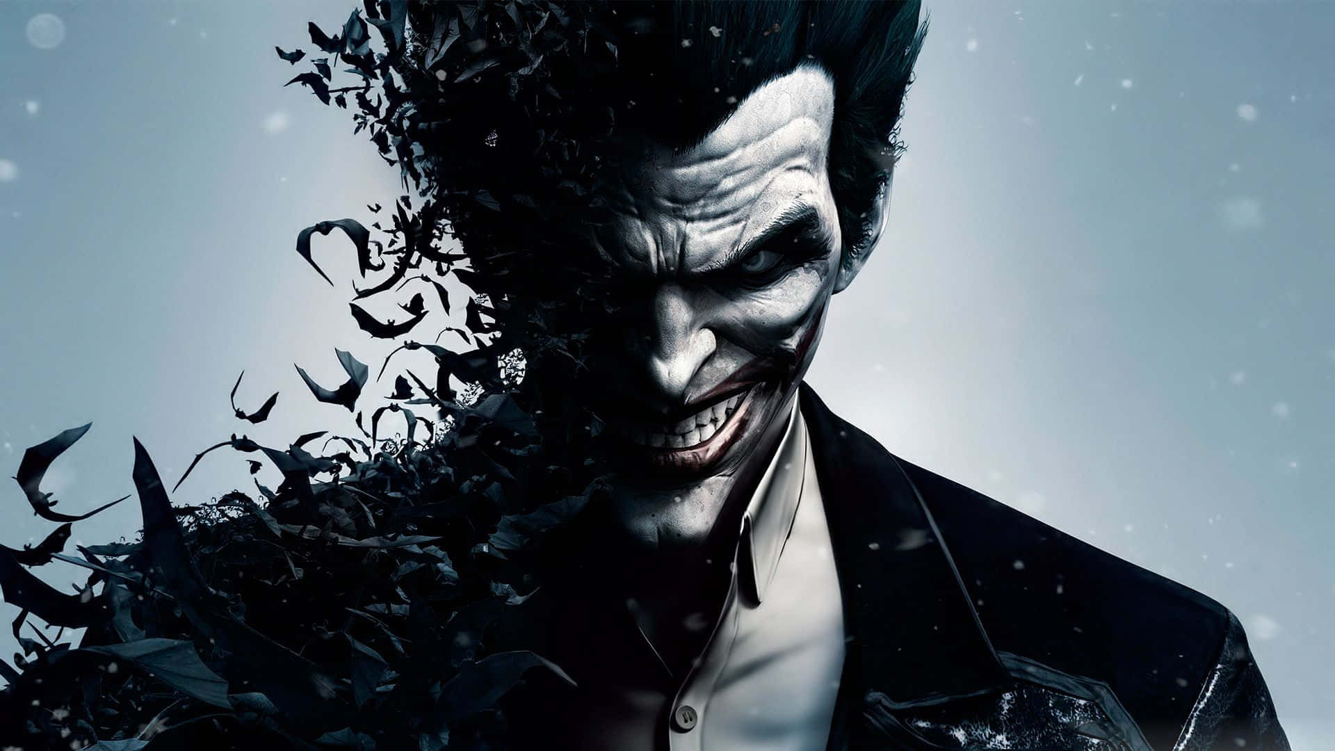 Joker Comic 桌布 壁紙 — 一個帶有威脅性的小丑，他的頭髮在雪灰色背景下溶解成深色羽毛。