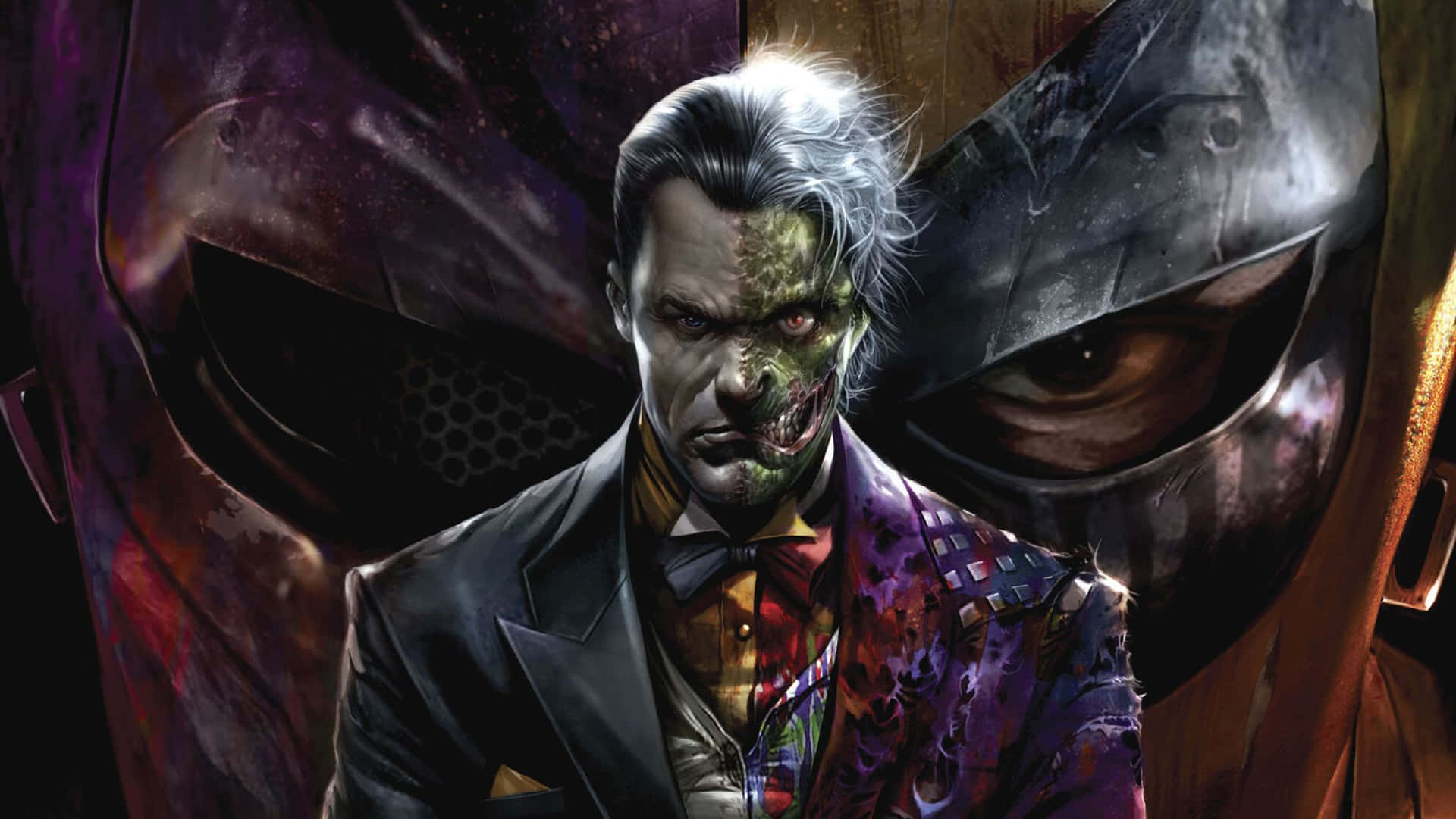 Supervillain Team-up 桌布 壁紙 — 一個帶有威脅性的小丑，半邊臉綠色半邊臉蒼白，穿著西裝向前凝視，兩旁有巨大的面具眼睛，呈現黑暗漫畫風格。