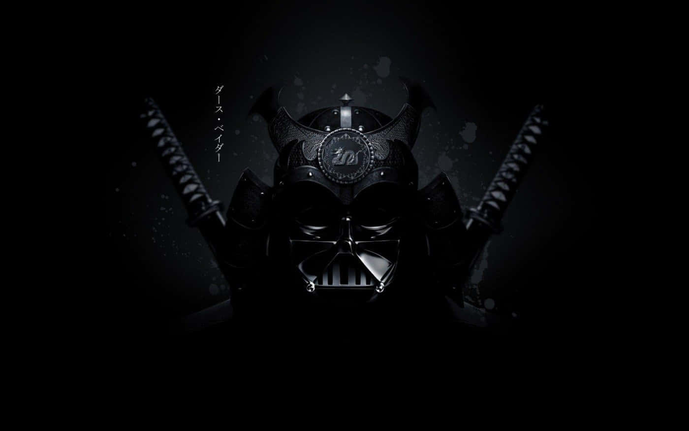 Bushido Samurai 桌布 壁紙 — 一個帶有威脅性的武士頭盔，背後交叉著兩把武士刀，置於帶有微妙日文字的深色紋理背景上。