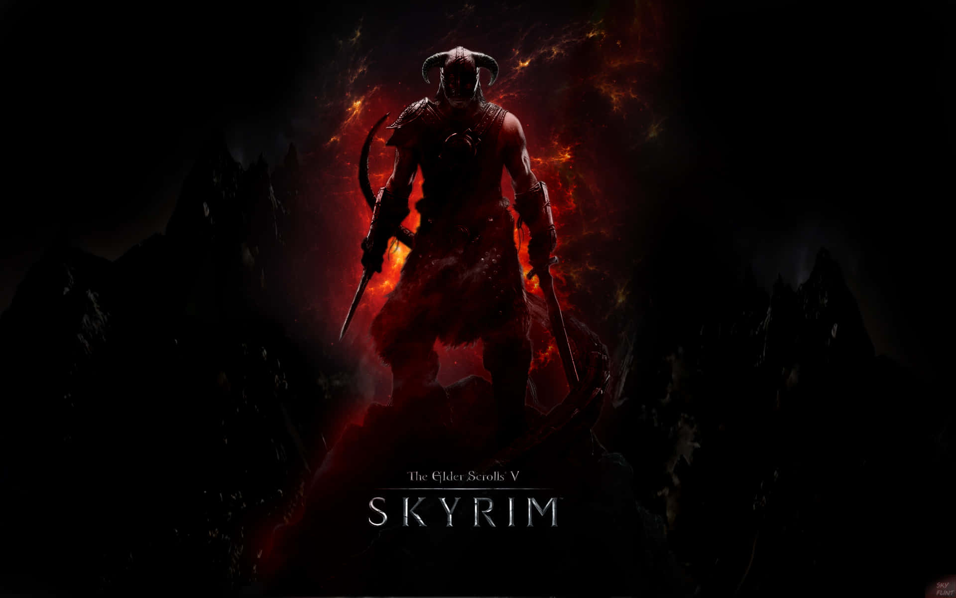 dovahkiin 桌布 壁紙 — 一個帶有威脅性角鬥士的身影，在火紅與黑色背景襯托下，背後有鋸齒狀山脈的陰影。