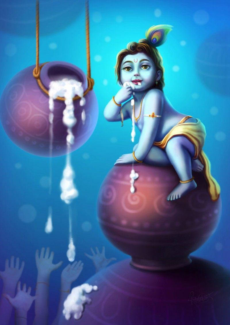 krishna iPhone 桌布 壁紙 — 一個帶有孔雀羽毛的神聖孩子坐在紫色壺上，牛奶從下方懸掛的壺中滴落，背景是發光的藍色。