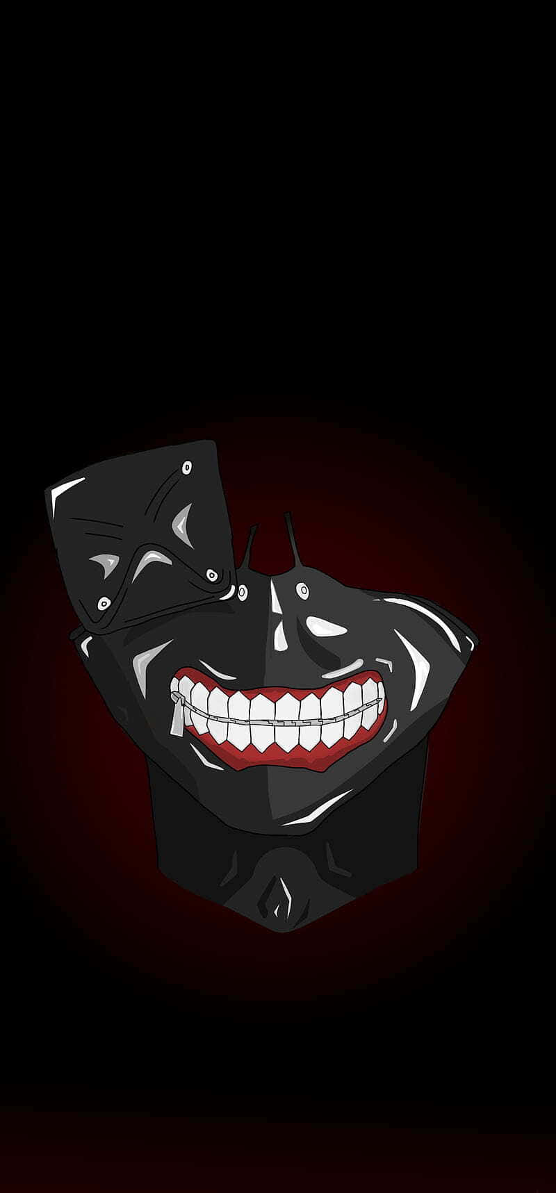 Kaneki's Mask 桌布 壁紙 — 一個帶有寬闊笑容和尖銳牙齒的動漫風格黑色面具，在深紅色圓形背景上發光。