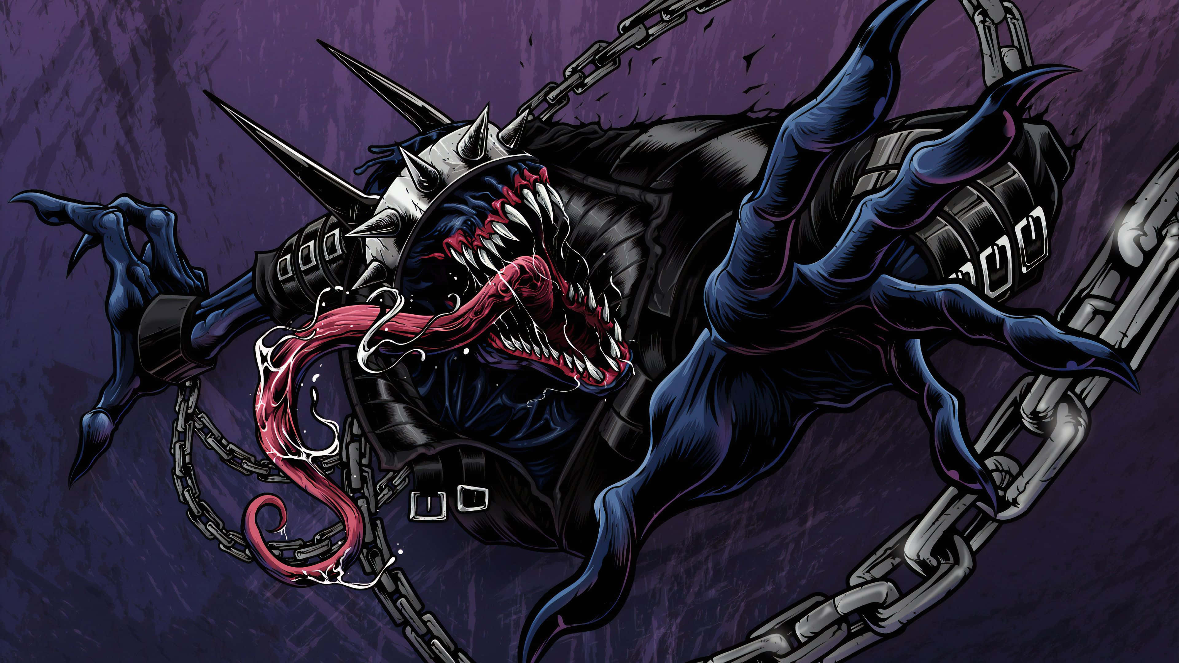 Venomized 桌布 壁紙 — 一個帶有尖刺和鎖鏈的威脅性藍色共生生物，在深紫色背景前向前猛衝。