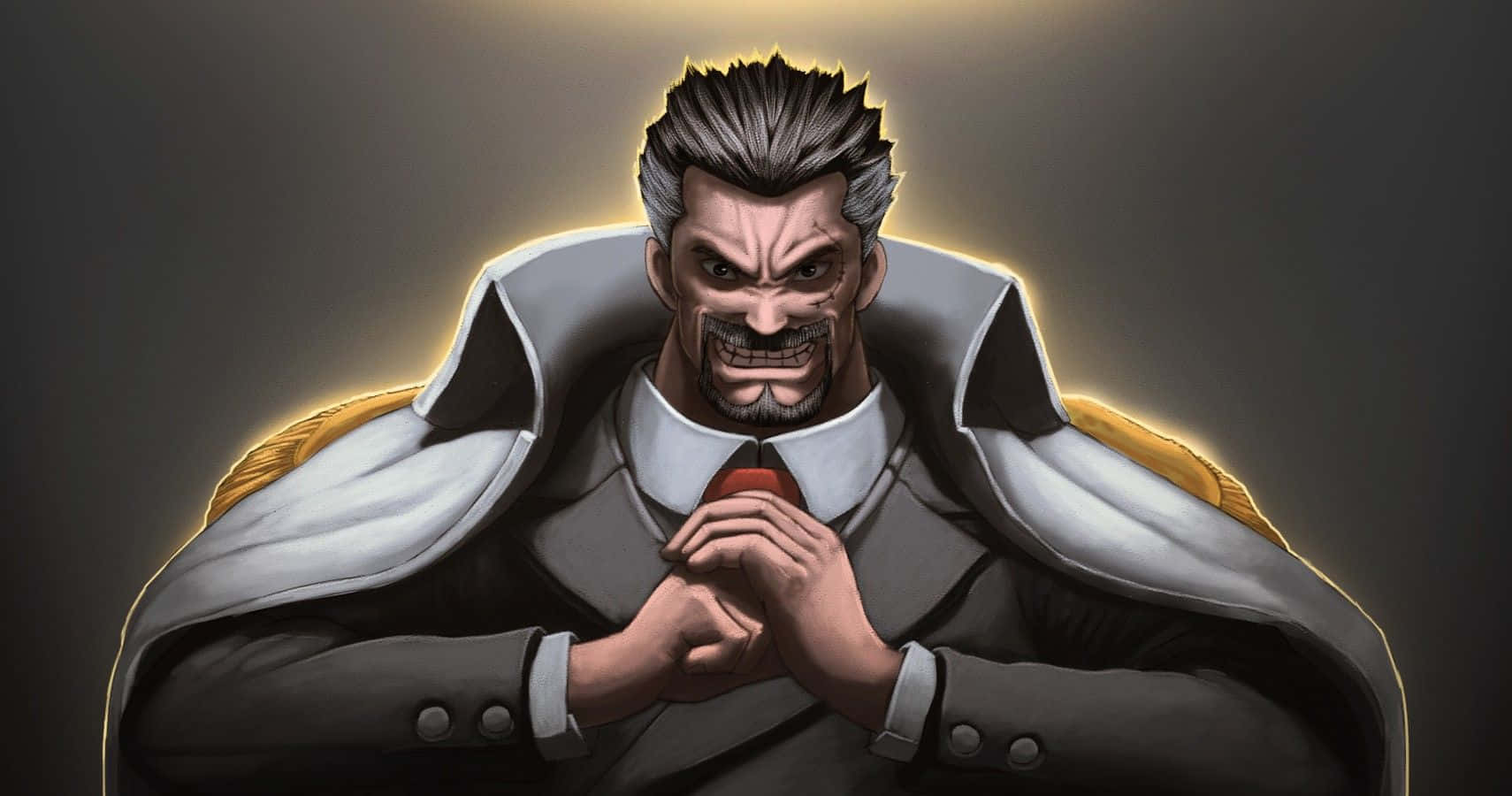 Marine Admiral 桌布 壁紙 — 一個帶有尖刺灰髮和邪惡笑容的威脅性動漫男子，穿著帶有發光金色肩部裝飾的深色西裝。