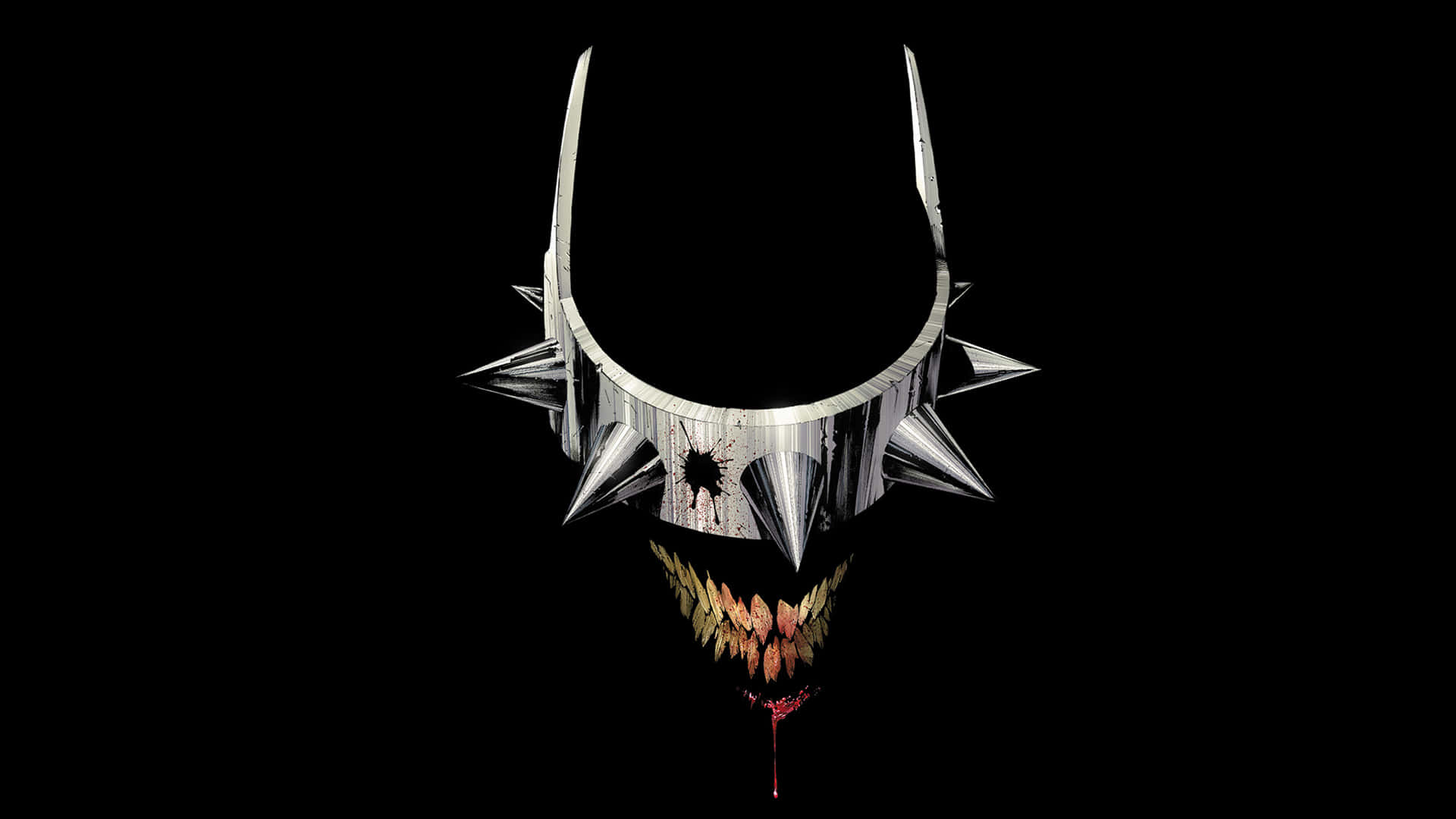 The Batman Who Laughs 桌布 壁紙 — 一個帶有尖刺皇冠和滴血的金屬頭骨，在黑色背景上顯得兇猛。
