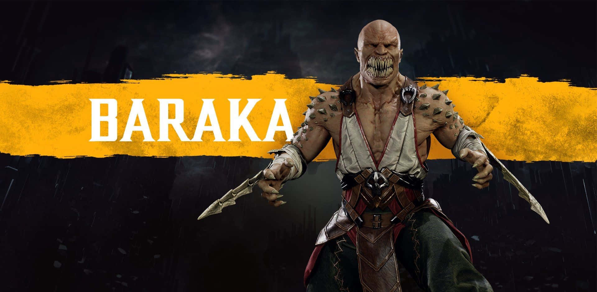 Mortal Kombat Fatality 桌布 壁紙 — 一個帶有尖刺盔甲和雙匕首的威脅性光頭戰士，站在黑暗的雨景背景前，上面有一個大膽的黃色橫幅寫著 BARAKA。