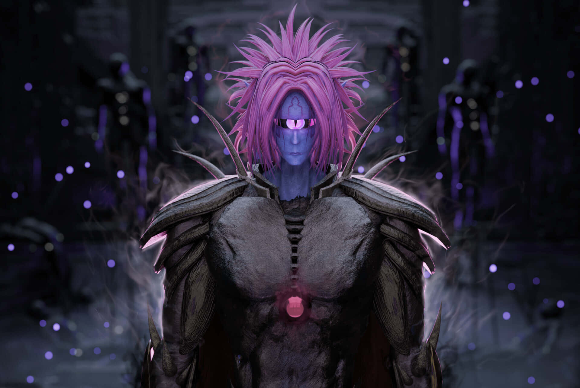 Lord Boros 桌布 壁紙 — 一個帶有尖刺粉紅色頭髮和發光眼睛的威脅性動漫角色，站在一個黑暗、迷霧繚繞、帶有紫色燈光的房間裡。