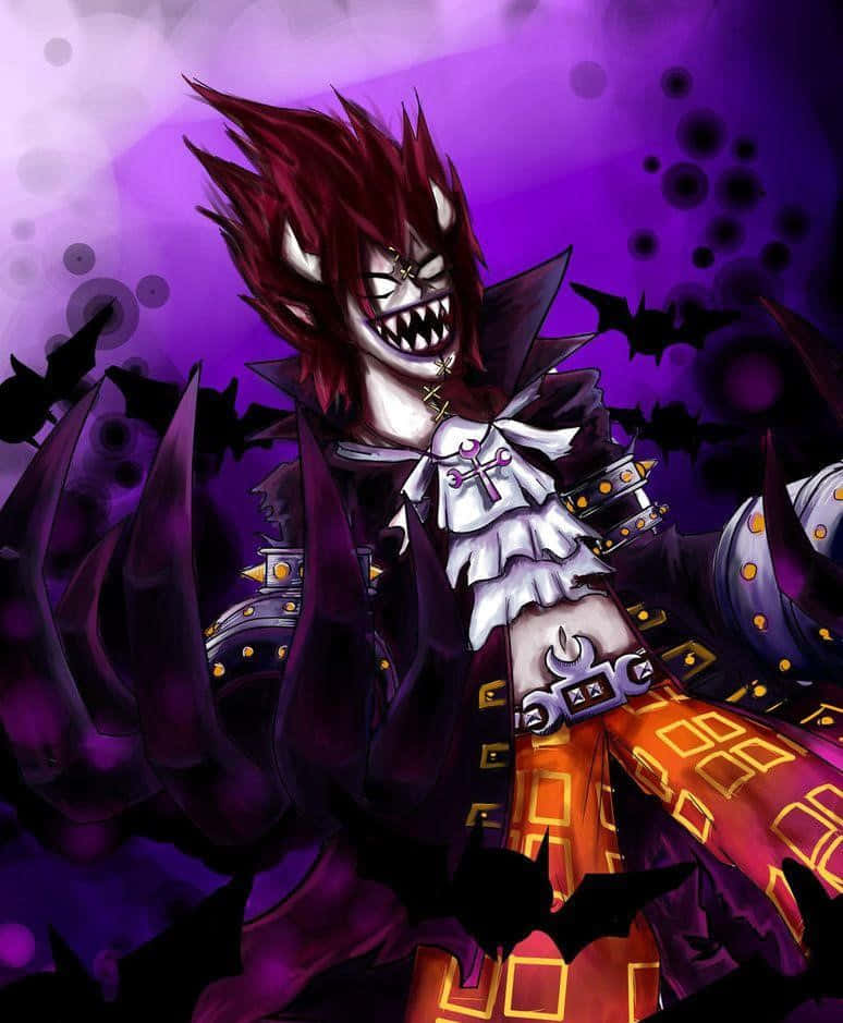 gecko moria 桌布 壁紙 — 一個帶有尖刺紅髮和獠牙的威脅性動漫吸血鬼，站在紫色背景前，蝙蝠在周圍飛翔。